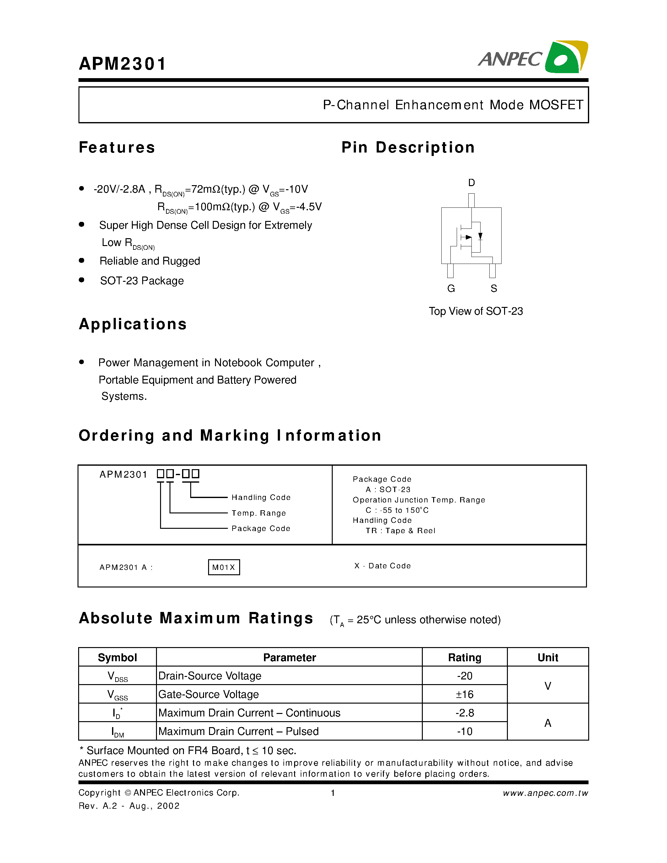 Даташит APM2301A - P-Channel Enhancement Mode MOSFET страница 1