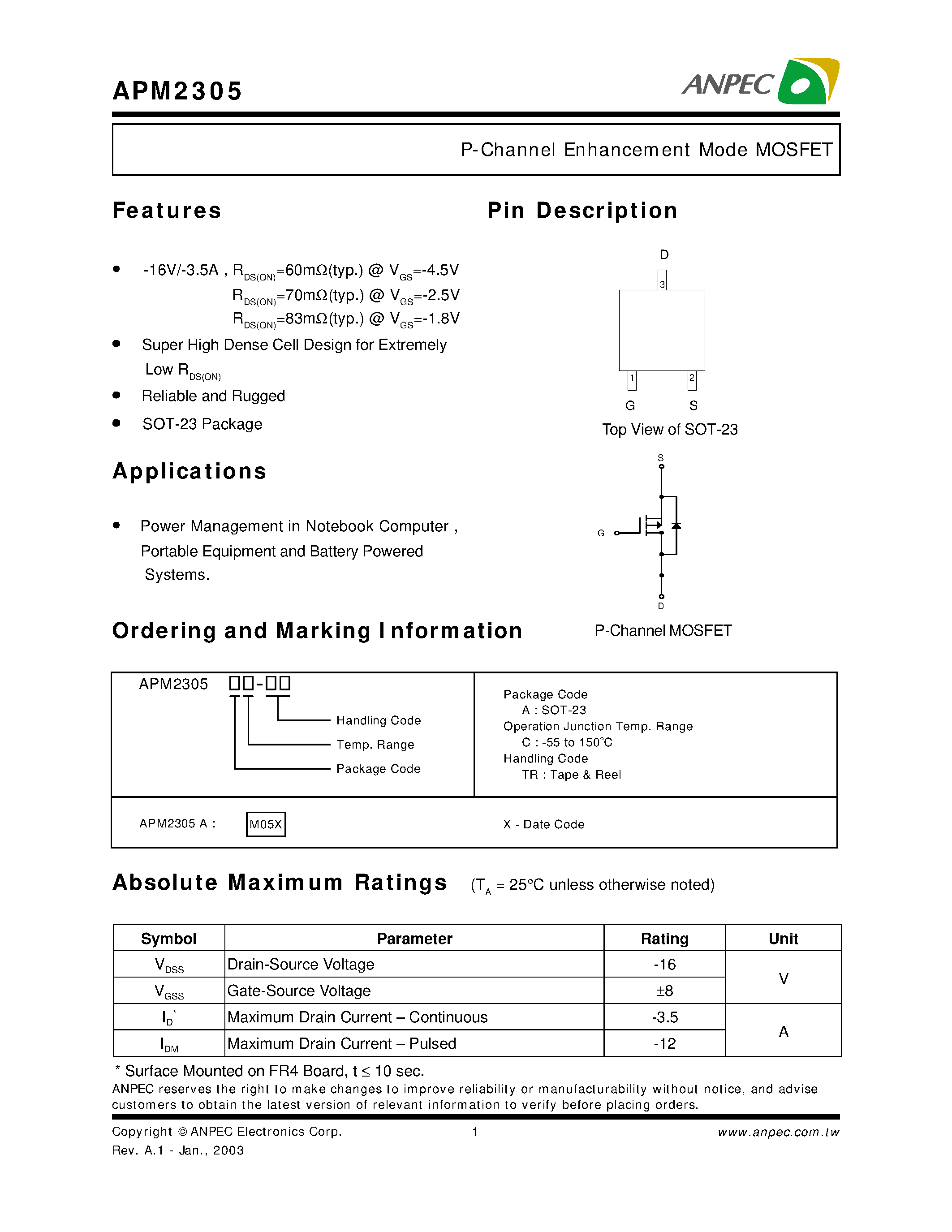 Даташит APM2305 - P-Channel Enhancement Mode MOSFET страница 1