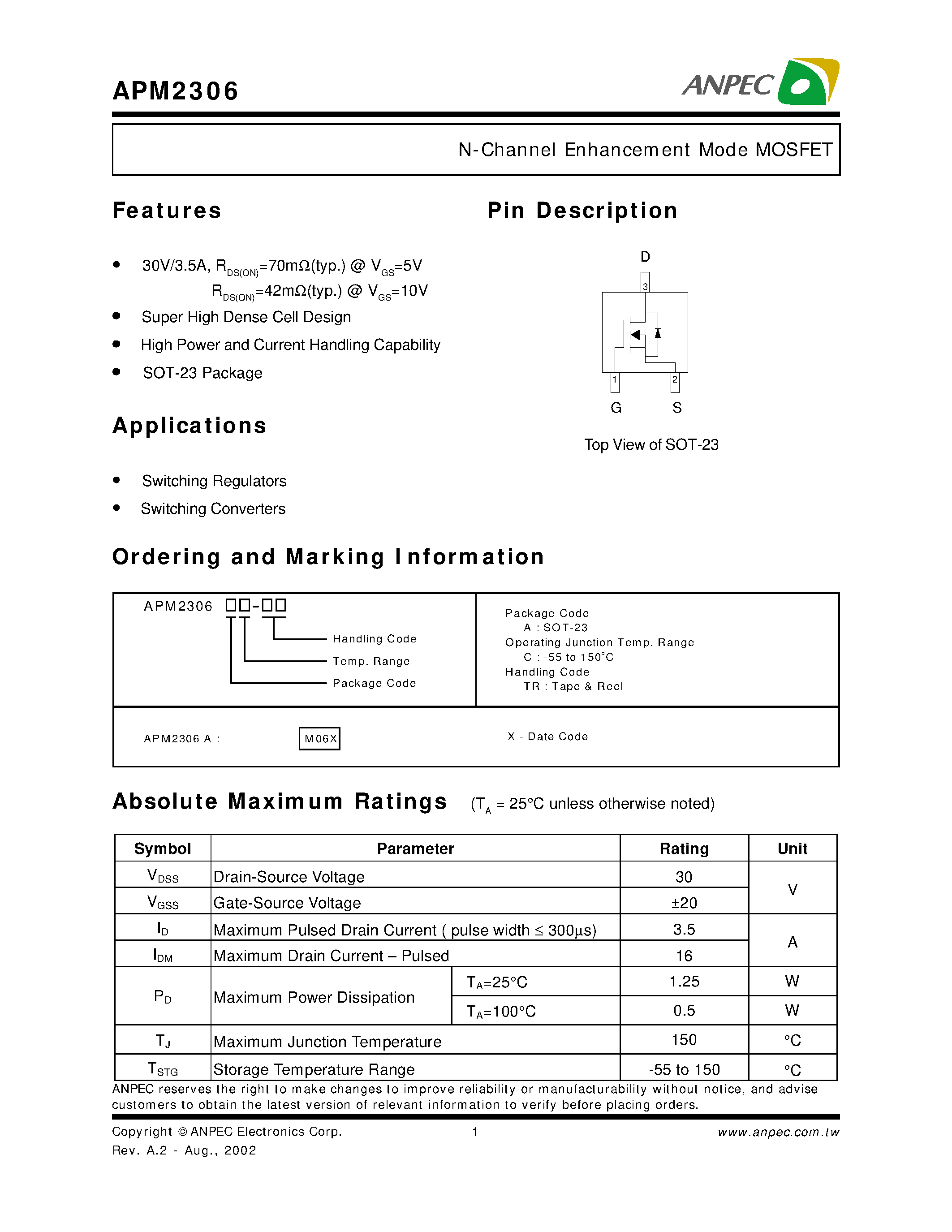 Datasheet APM2306 - N-Channel Enhancement Mode MOSFET page 1