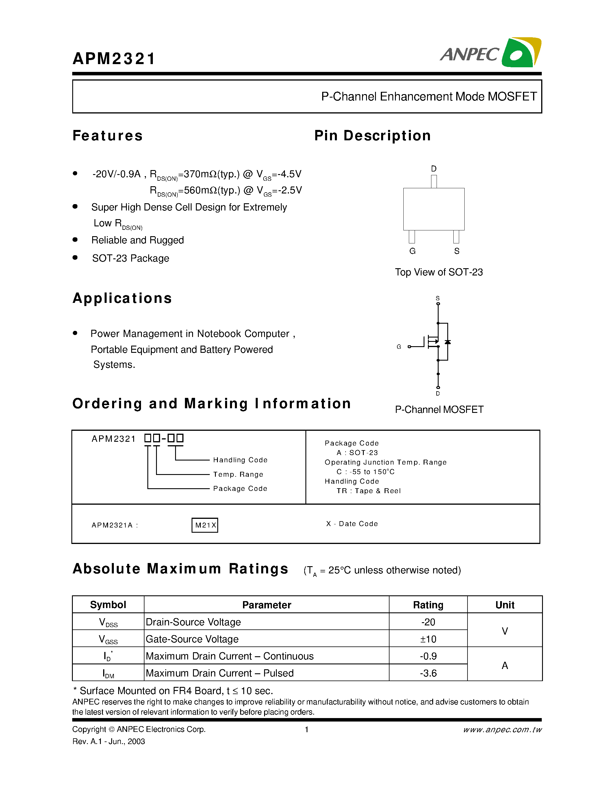 Даташит APM2321A - P-Channel Enhancement Mode MOSFET страница 1