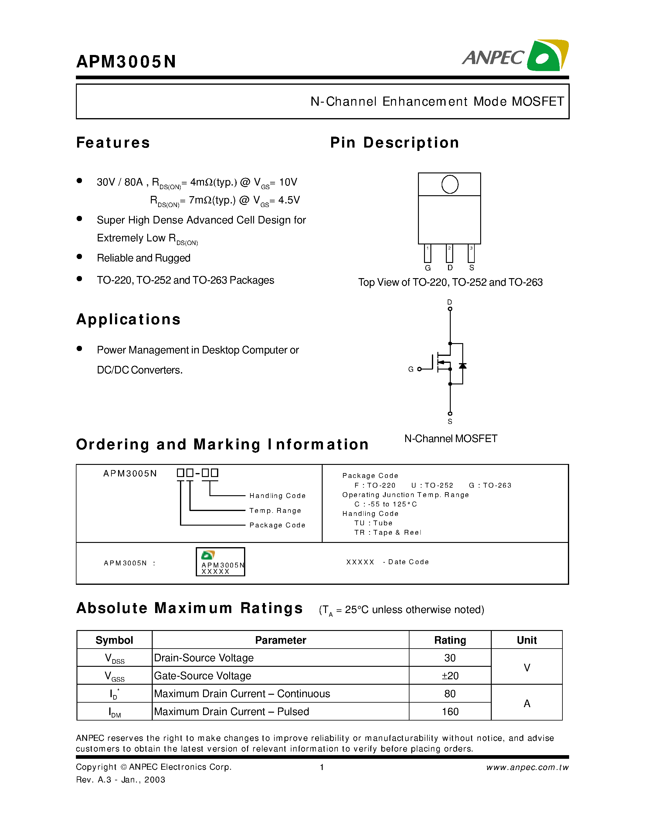 Datasheet APM3005N - N-Channel Enhancement Mode MOSFET page 1