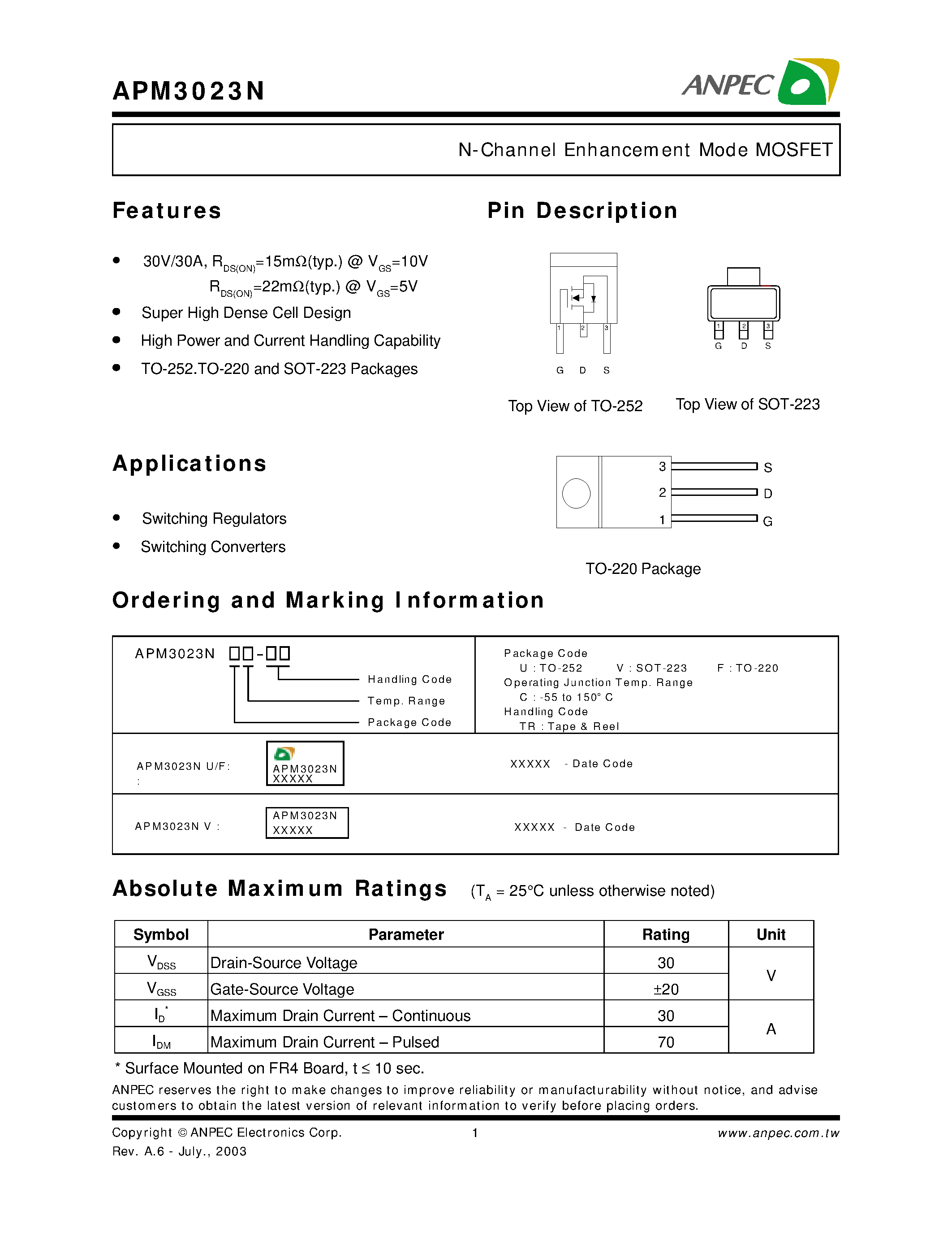 Datasheet APM3023N - N-Channel Enhancement Mode MOSFET page 1