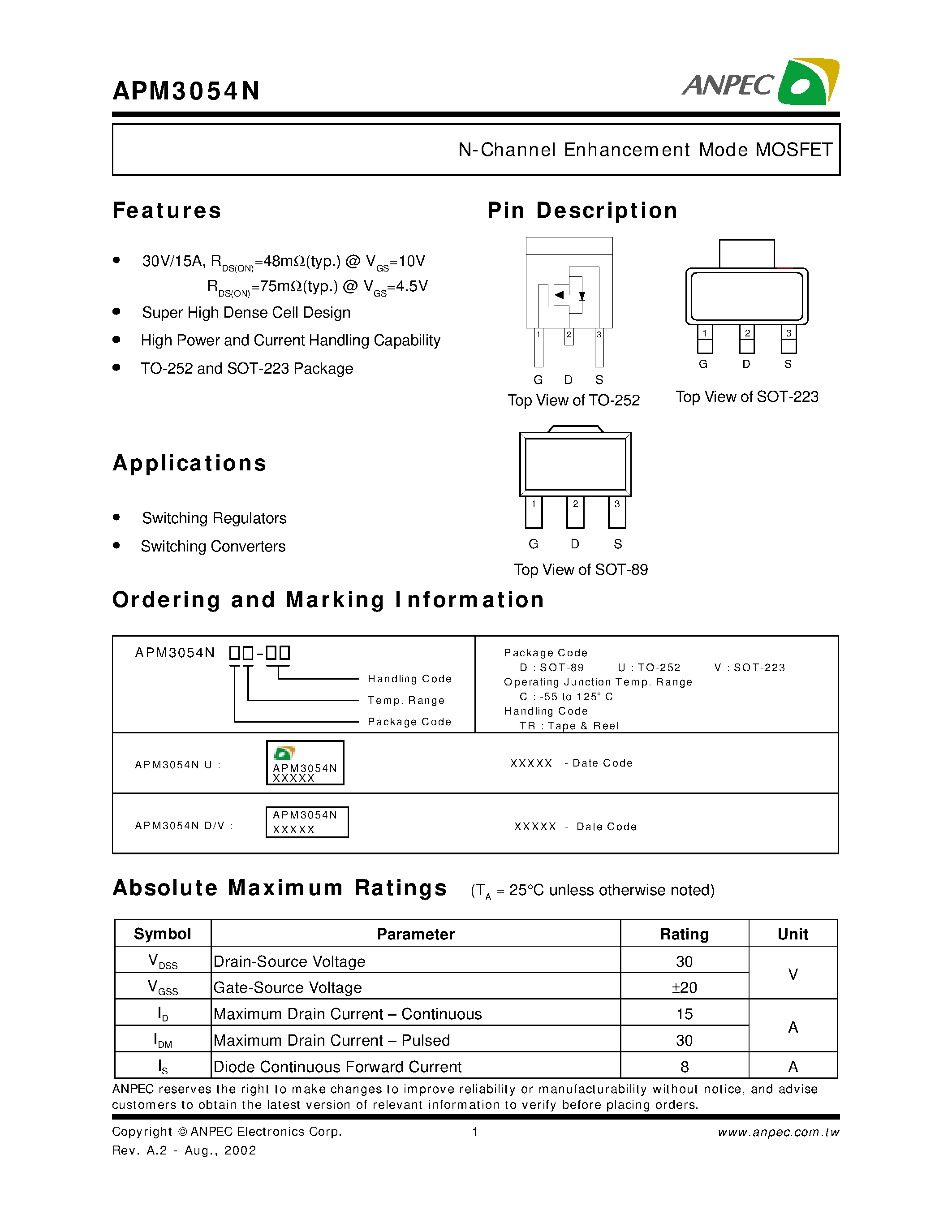 Datasheet APM3054NU - N-Channel Enhancement Mode MOSFET page 1