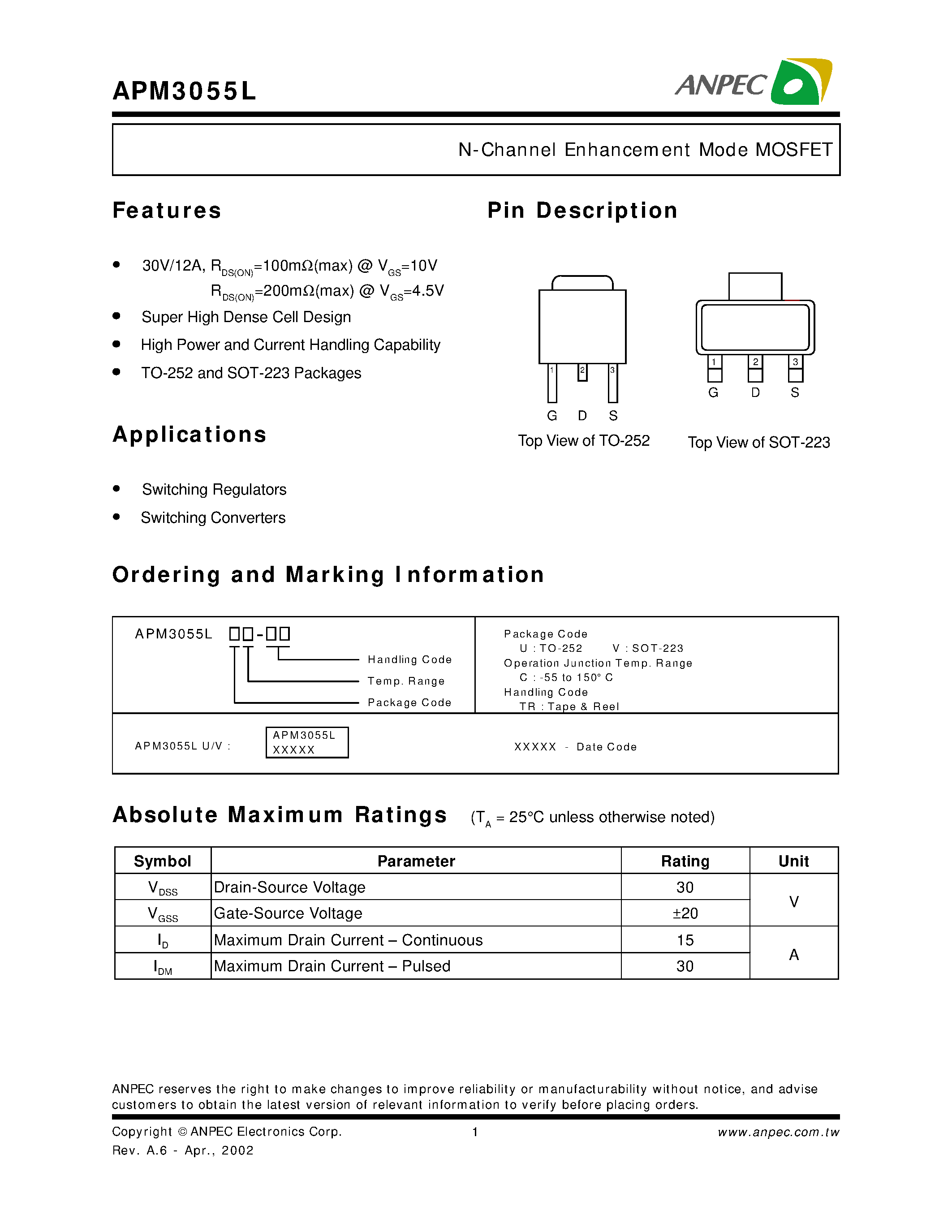 Datasheet APM3055LUV - N-Channel Enhancement Mode MOSFET page 1