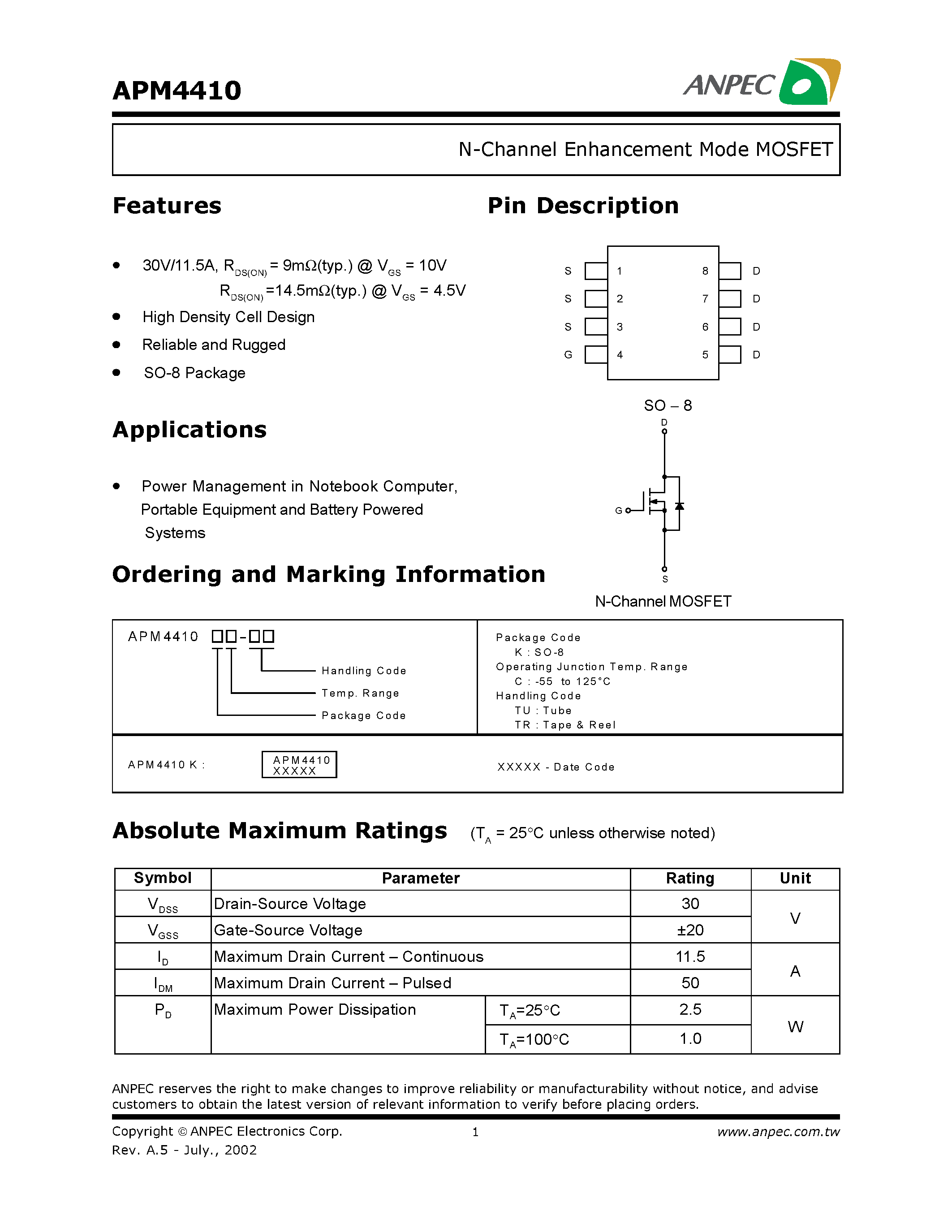 Datasheet APM4410 - N-Channel Enhancement Mode MOSFET page 1