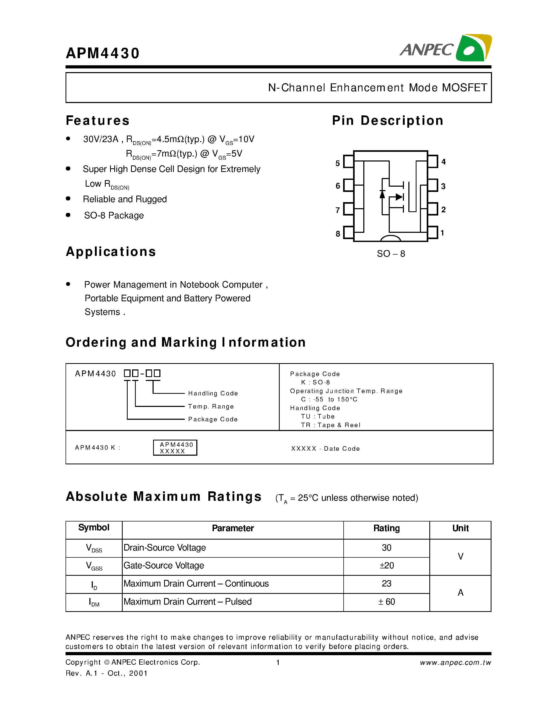 Datasheet APM4430 - N-Channel Enhancement Mode MOSFET page 1