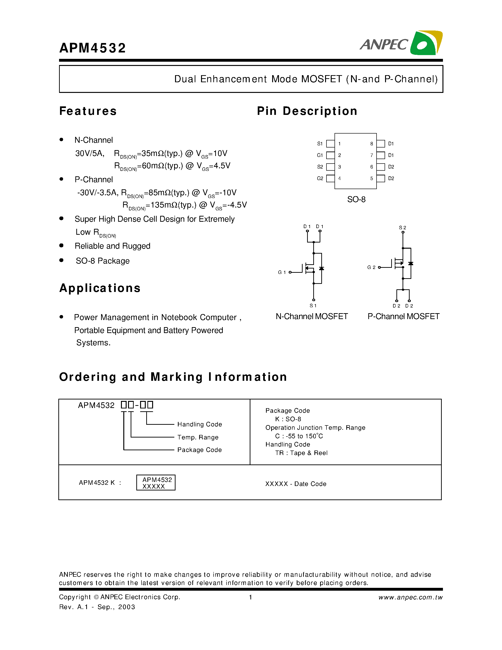 Даташит APM4532 - Dual Enhancement Mode MOSFET (N-and P-Channel) страница 1