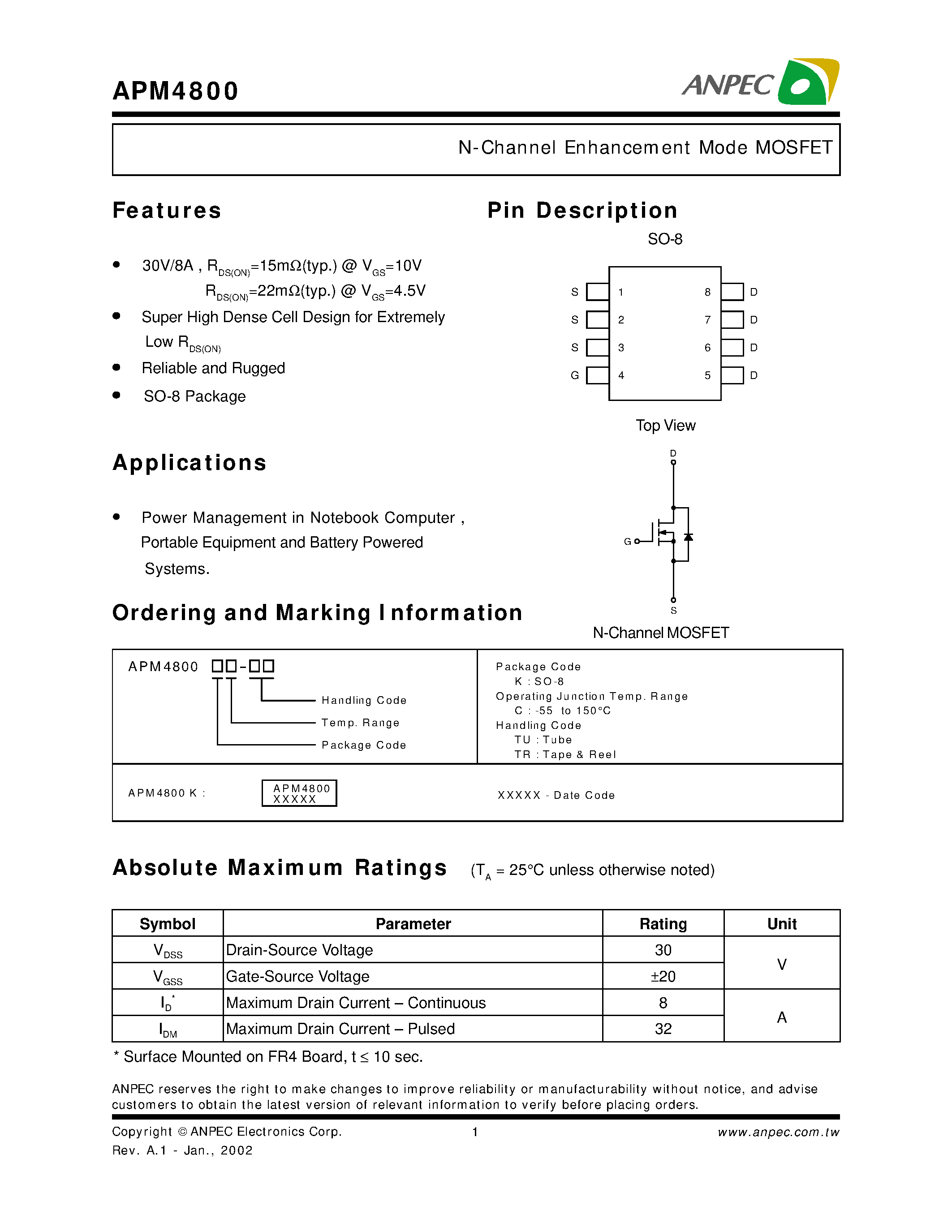 Datasheet APM4800 - N-Channel Enhancement Mode MOSFET page 1