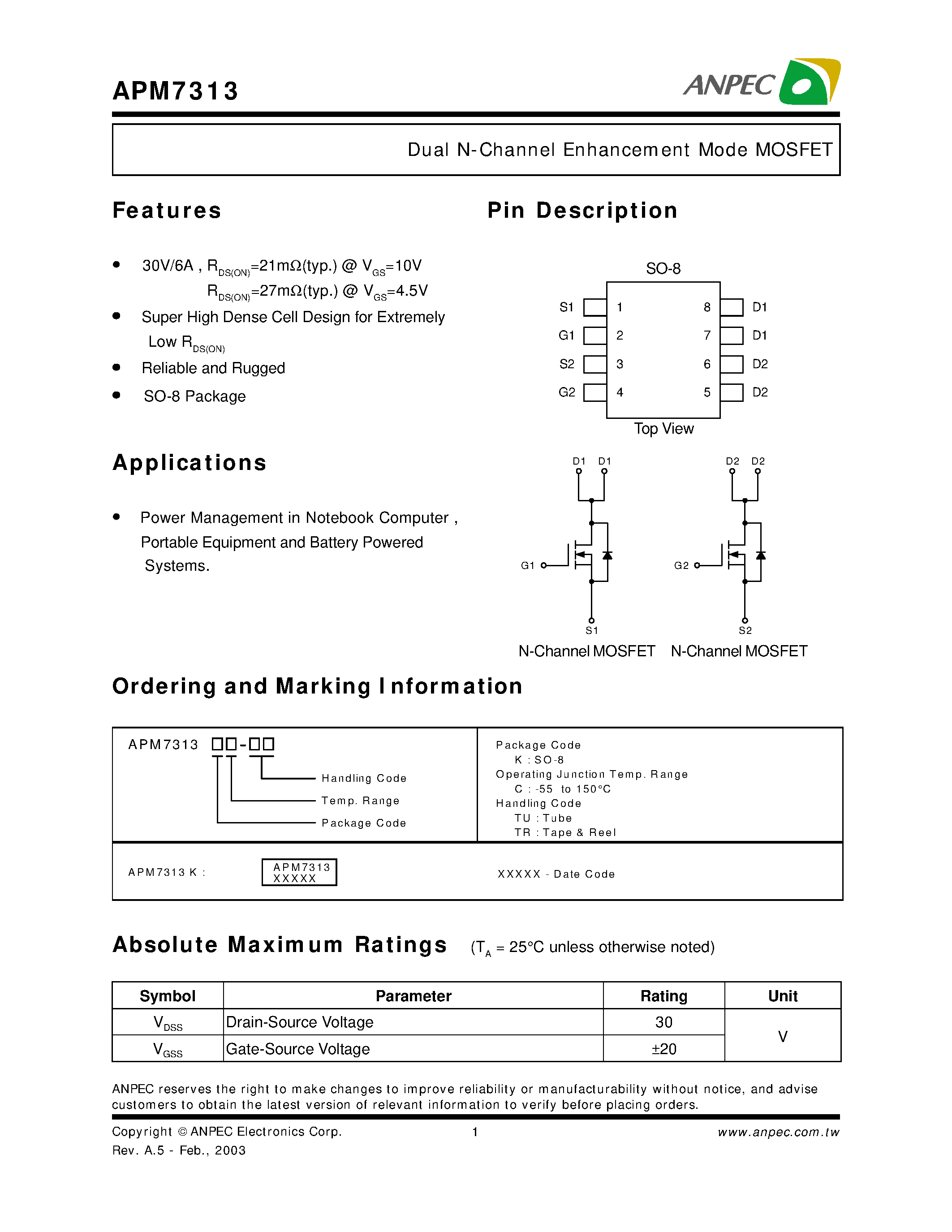 Datasheet APM7313 - Dual N-Channel Enhancement Mode MOSFET page 1