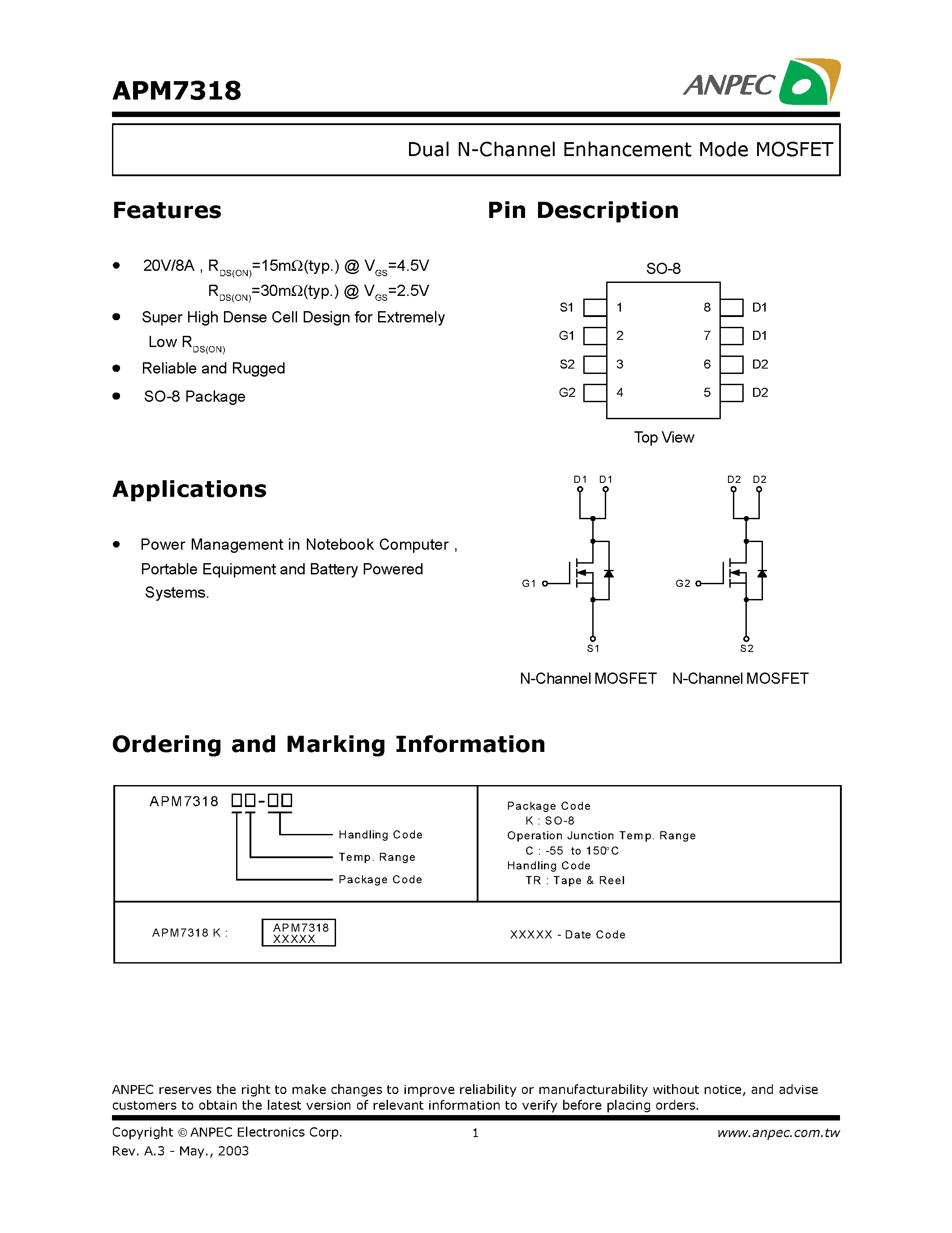 Datasheet APM7318 - Dual N-Channel Enhancement Mode MOSFET page 1