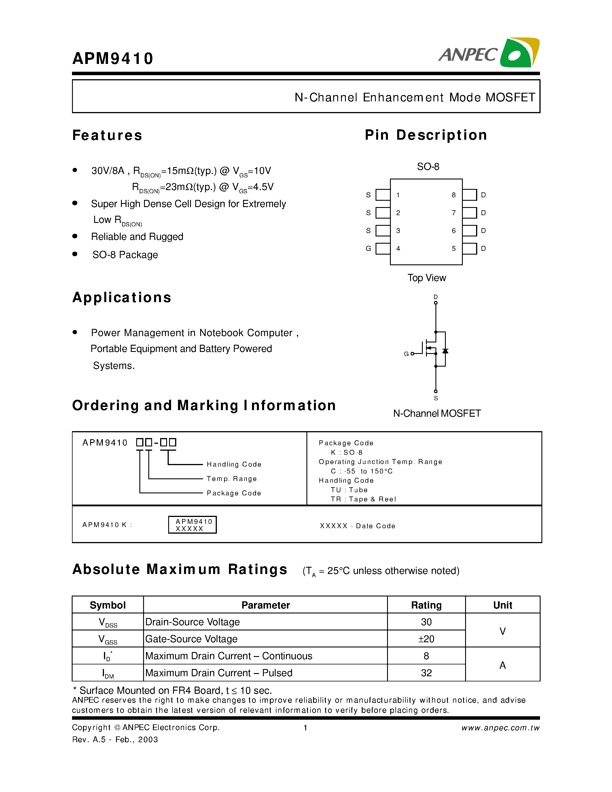 Datasheet APM9410 - N-Channel Enhancement Mode MOSFET page 1