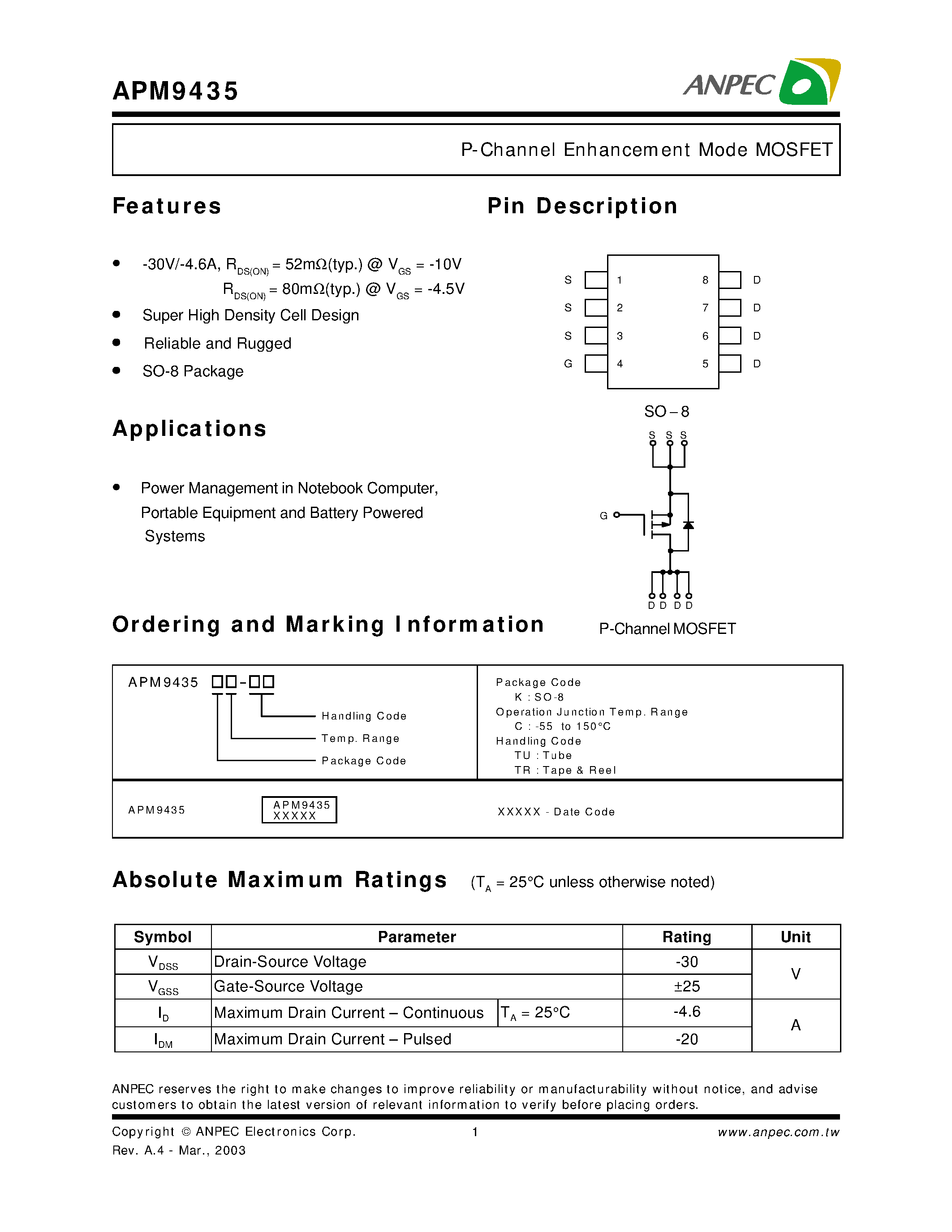 Даташит APM9435 - P-Channel Enhancement Mode MOSFET страница 1