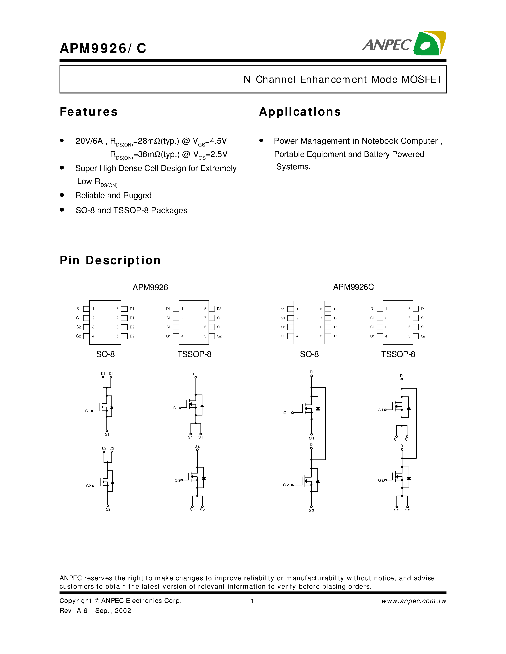 Datasheet APM9926OC-TR - N-Channel Enhancement Mode MOSFET page 1