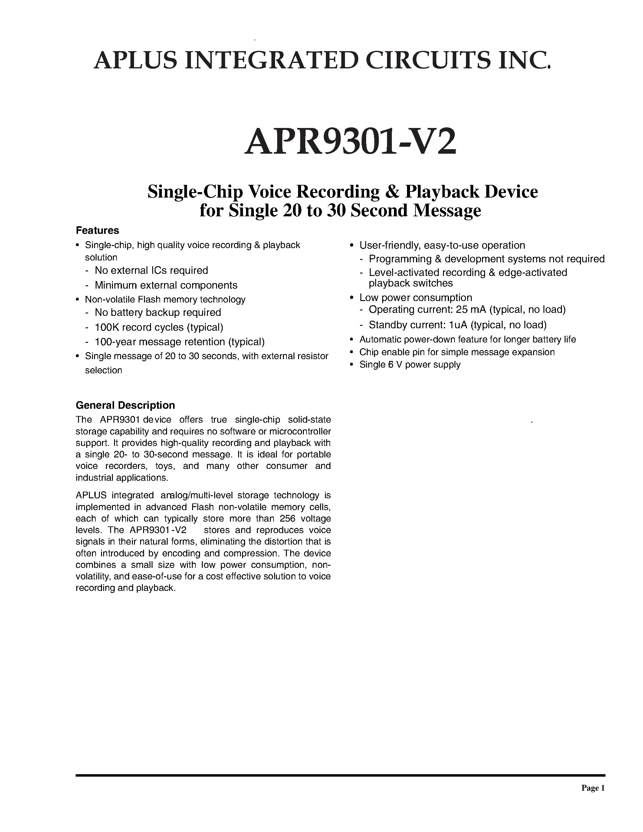 Даташит APR9301-V2-1 - SINGLE-CHIP VOICE RECORDING & PLAYBACK DEVICE FOR SINGLE 20 TO 30 SECOND MESSAGE страница 1