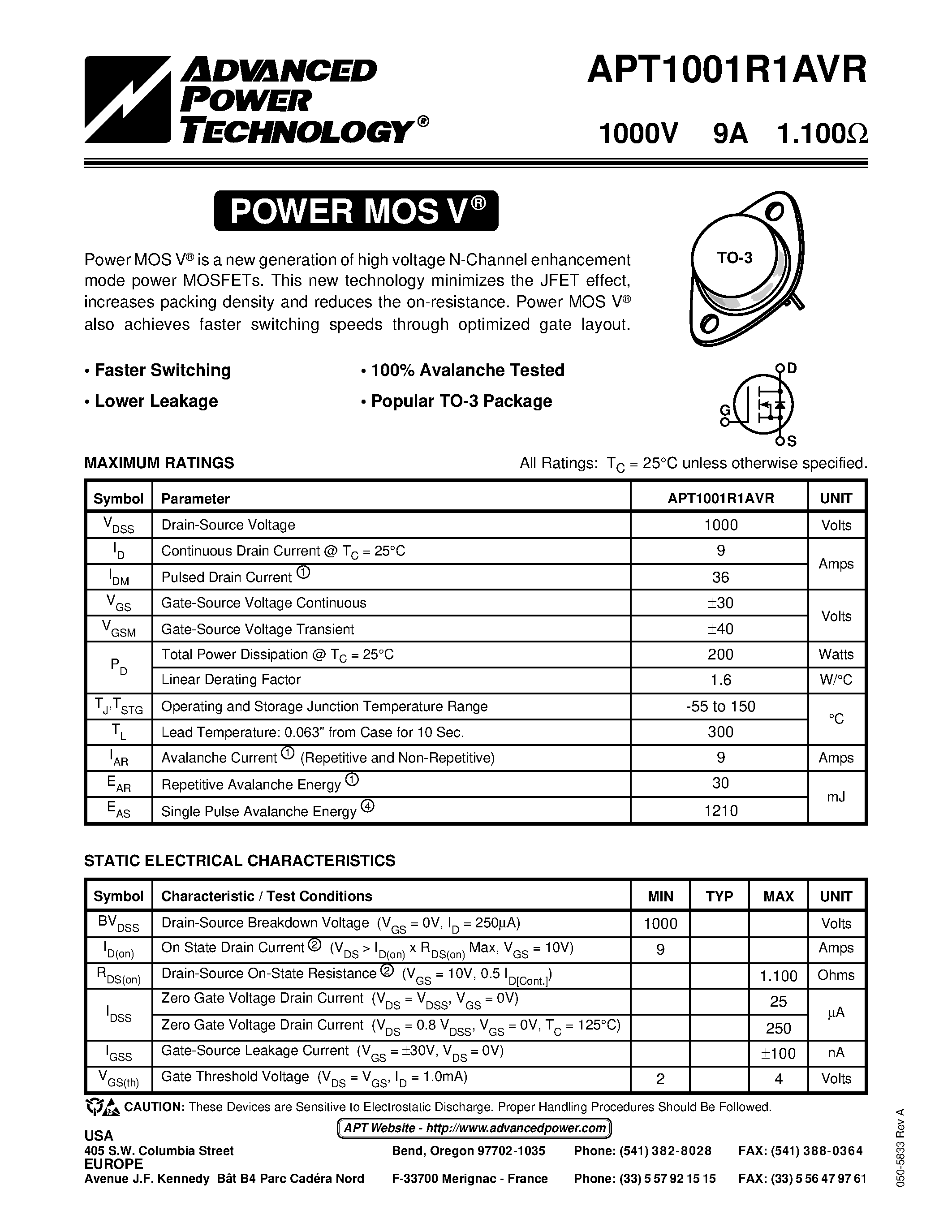 Datasheet APT1001R1AVR - Power MOS V is a new generation of high voltage N-Channel enhancement mode power MOSFETs page 1