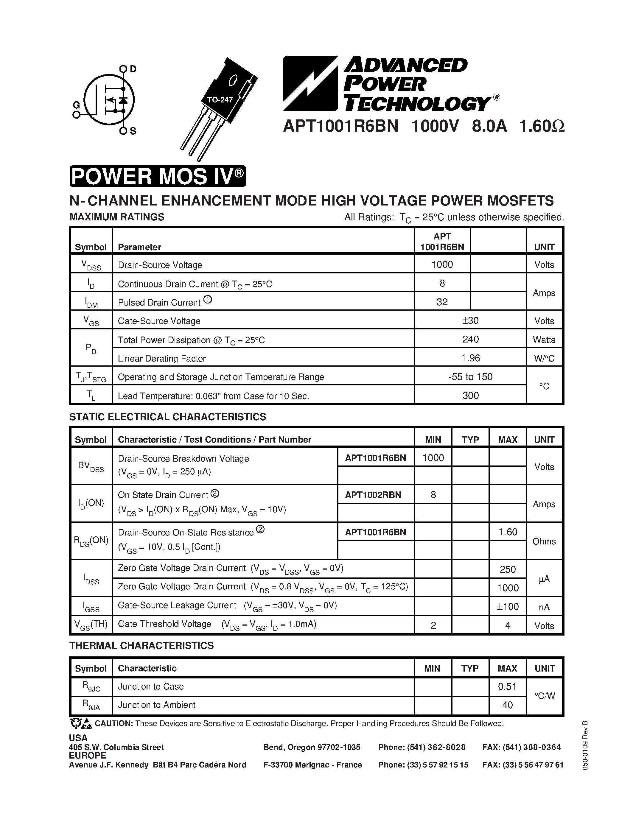 Datasheet APT1001R6BN - N-CHANNEL ENHANCEMENT MODE HIGH VOLTAGE POWER MOSFETS page 1