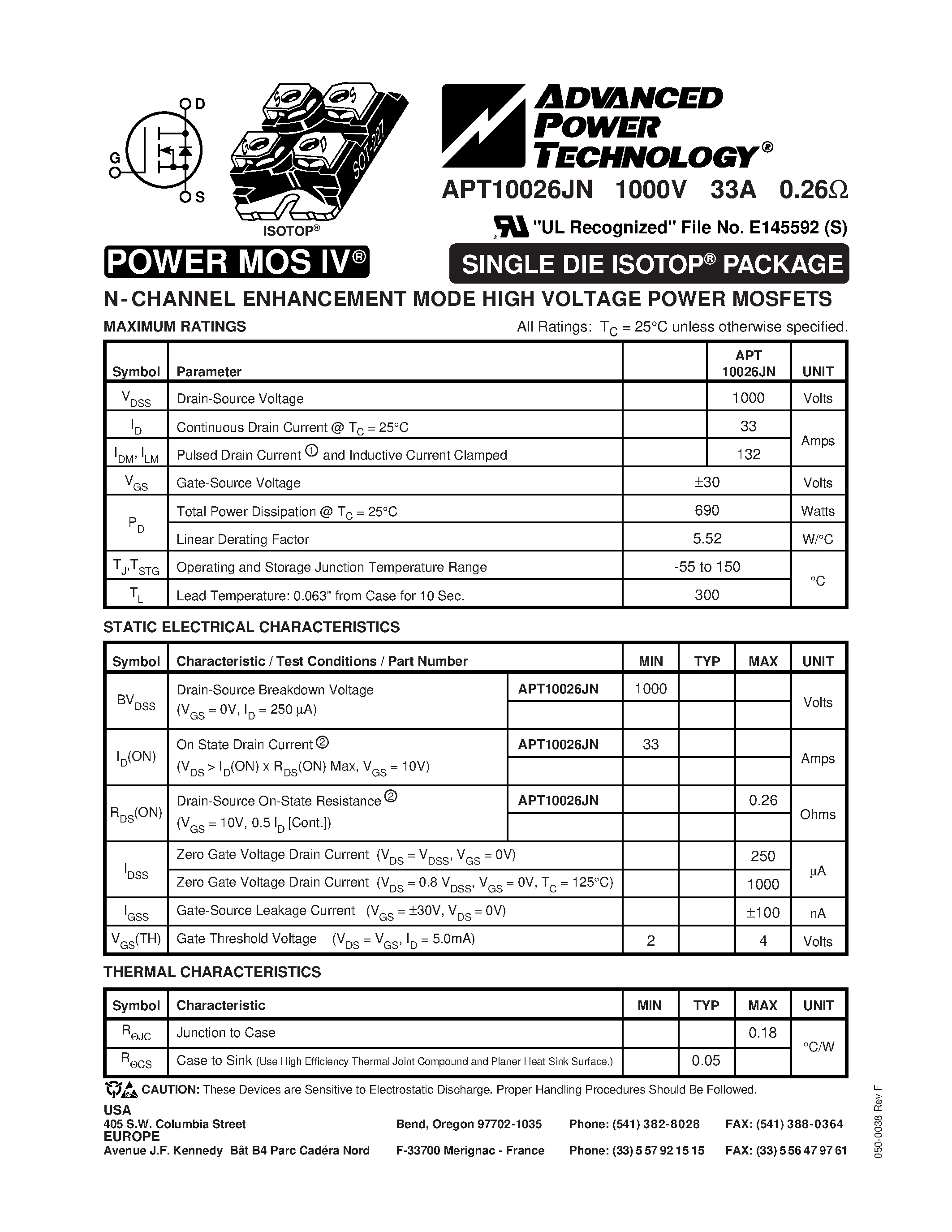 Datasheet APT10026JN - N-CHANNEL ENHANCEMENT MODE HIGH VOLTAGE POWER MOSFETS page 1