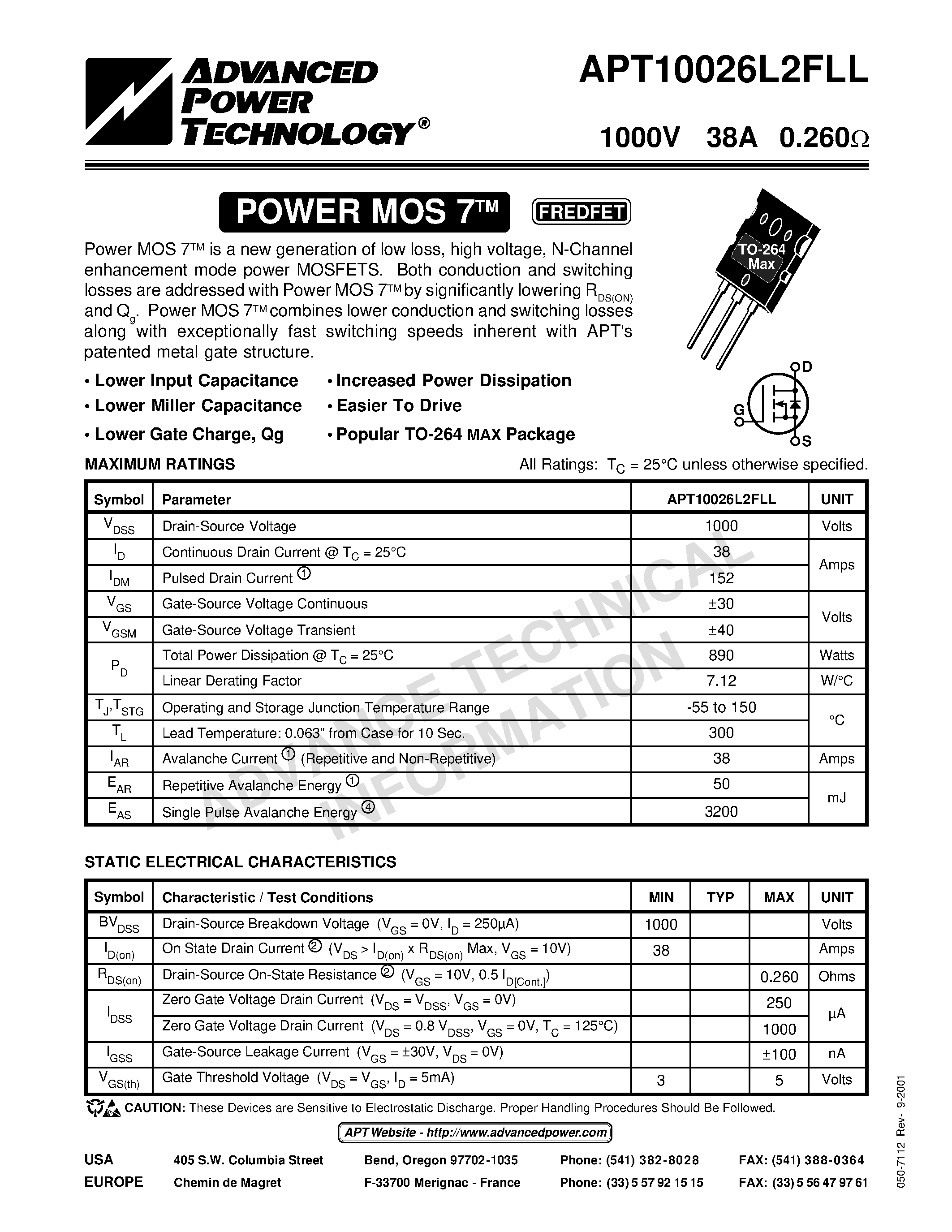 Datasheet APT10026L2FLL - Power MOS 7TM is a new generation of low loss/ high voltage/ N-Channel enhancement mode power MOSFETS. page 1
