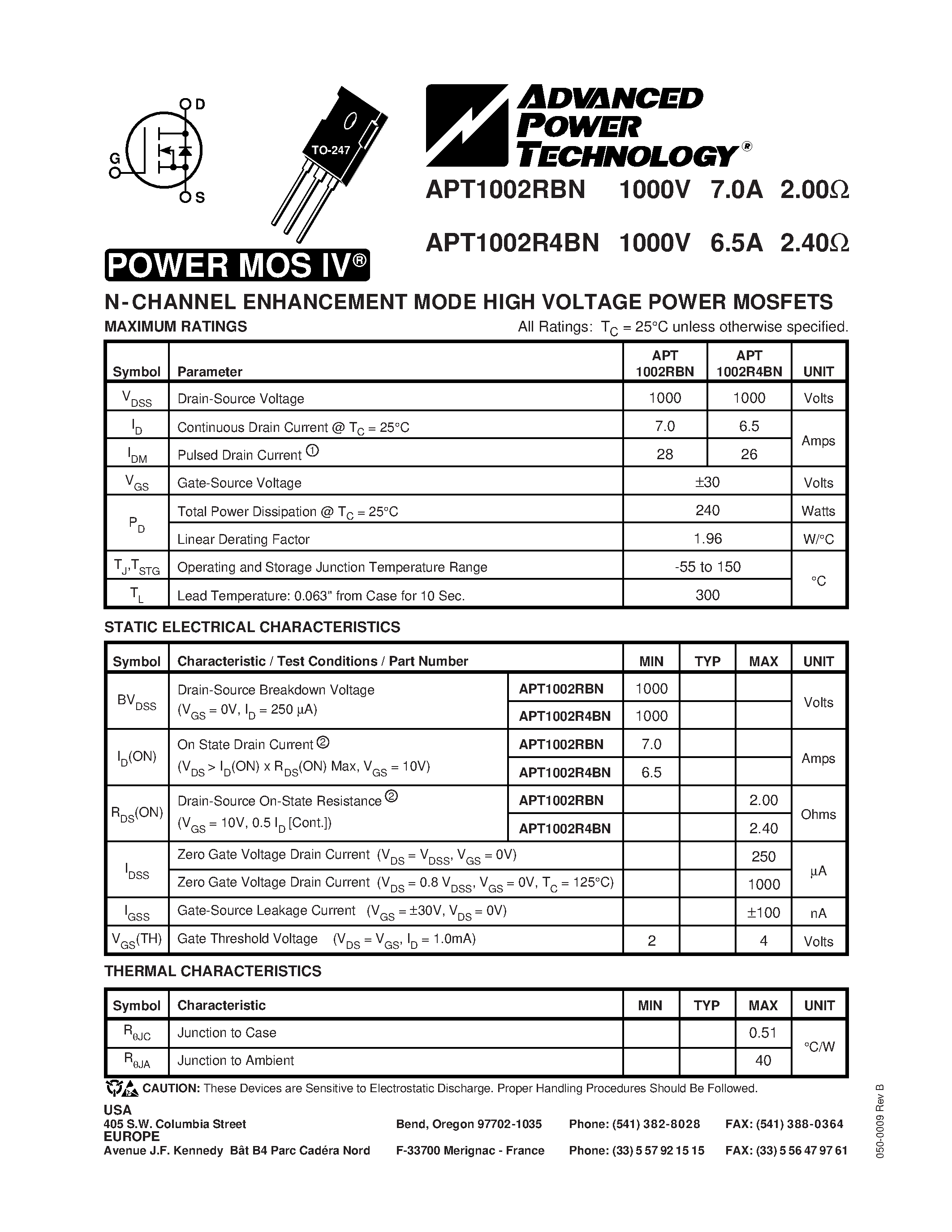 Datasheet APT1002R4BN - N-CHANNEL ENHANCEMENT MODE HIGH VOLTAGE POWER MOSFETS page 1