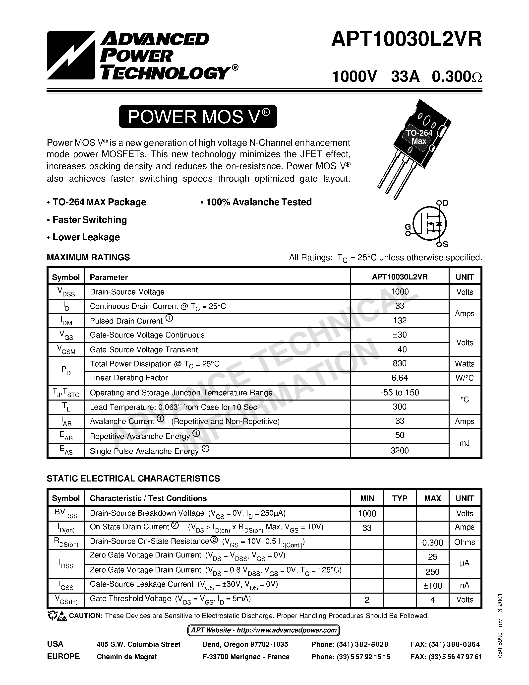Datasheet APT10030L2VR - Power MOS V is a new generation of high voltage N-Channel enhancement mode power MOSFETs. page 1