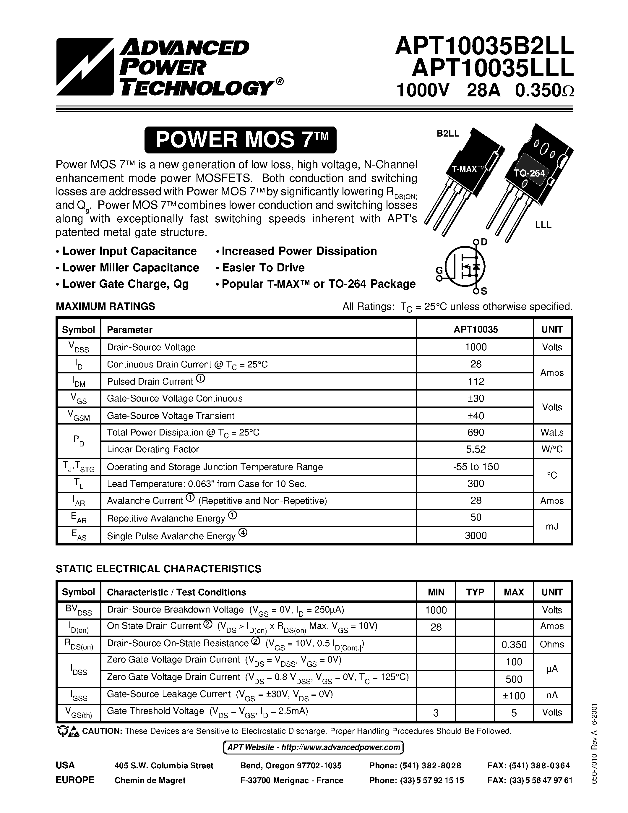 Datasheet APT10035B2LL - Power MOS 7TM is a new generation of low loss/ high voltage/ N-Channel enhancement mode power MOSFETS. page 1