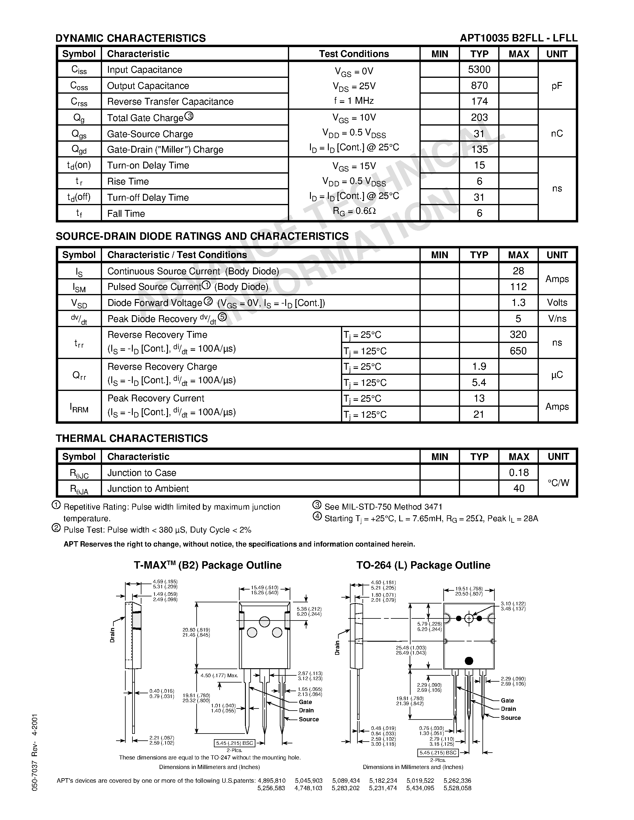 Datasheet APT10035LFLL - Power MOS 7TM is a new generation of low loss/ high voltage/ N-Channel enhancement mode power MOSFETS. page 2