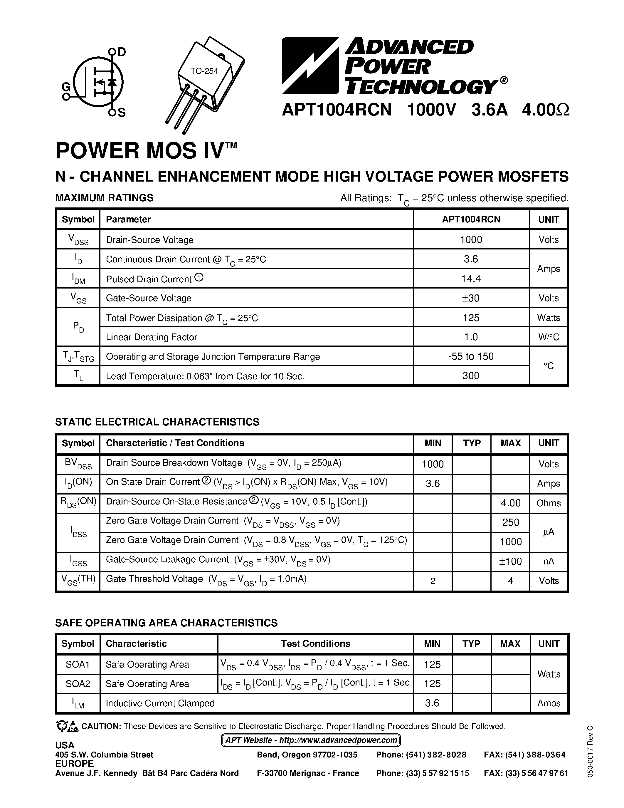 Datasheet APT1004 - N - CHANNEL ENHANCEMENT MODE HIGH VOLTAGE POWER MOSFETS page 1