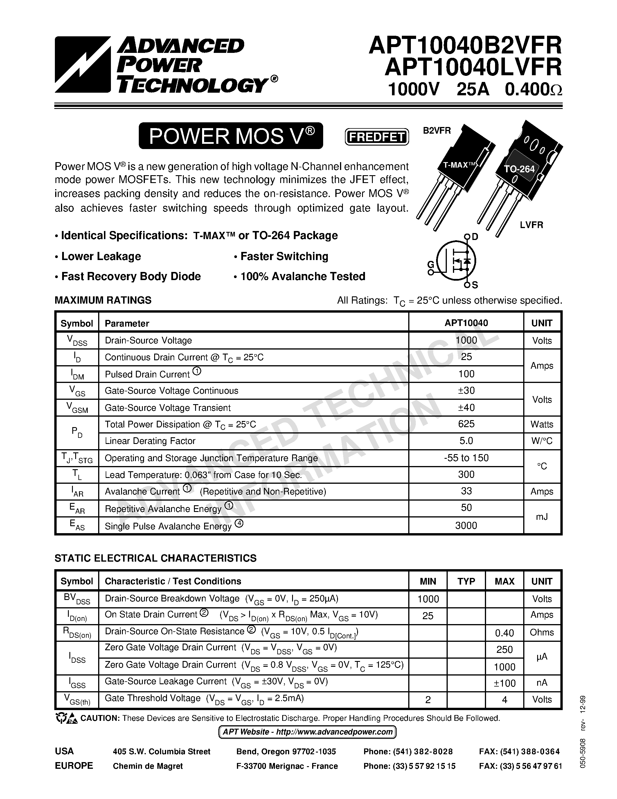 Datasheet APT10040LVFR - Power MOS V is a new generation of high voltage N-Channel enhancement mode power MOSFETs. page 1