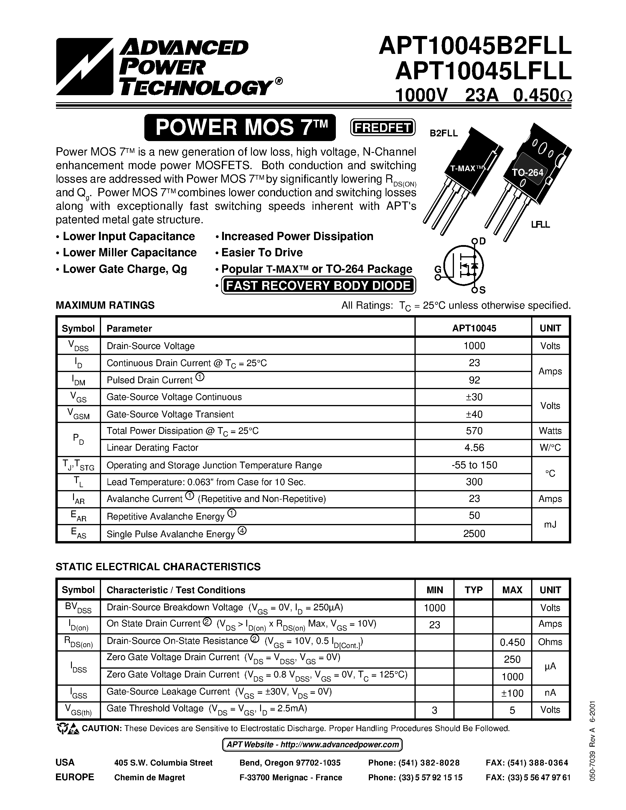 Datasheet APT10045B2FLL - Power MOS 7TM is a new generation of low loss/ high voltage/ N-Channel enhancement mode power MOSFETS. page 1