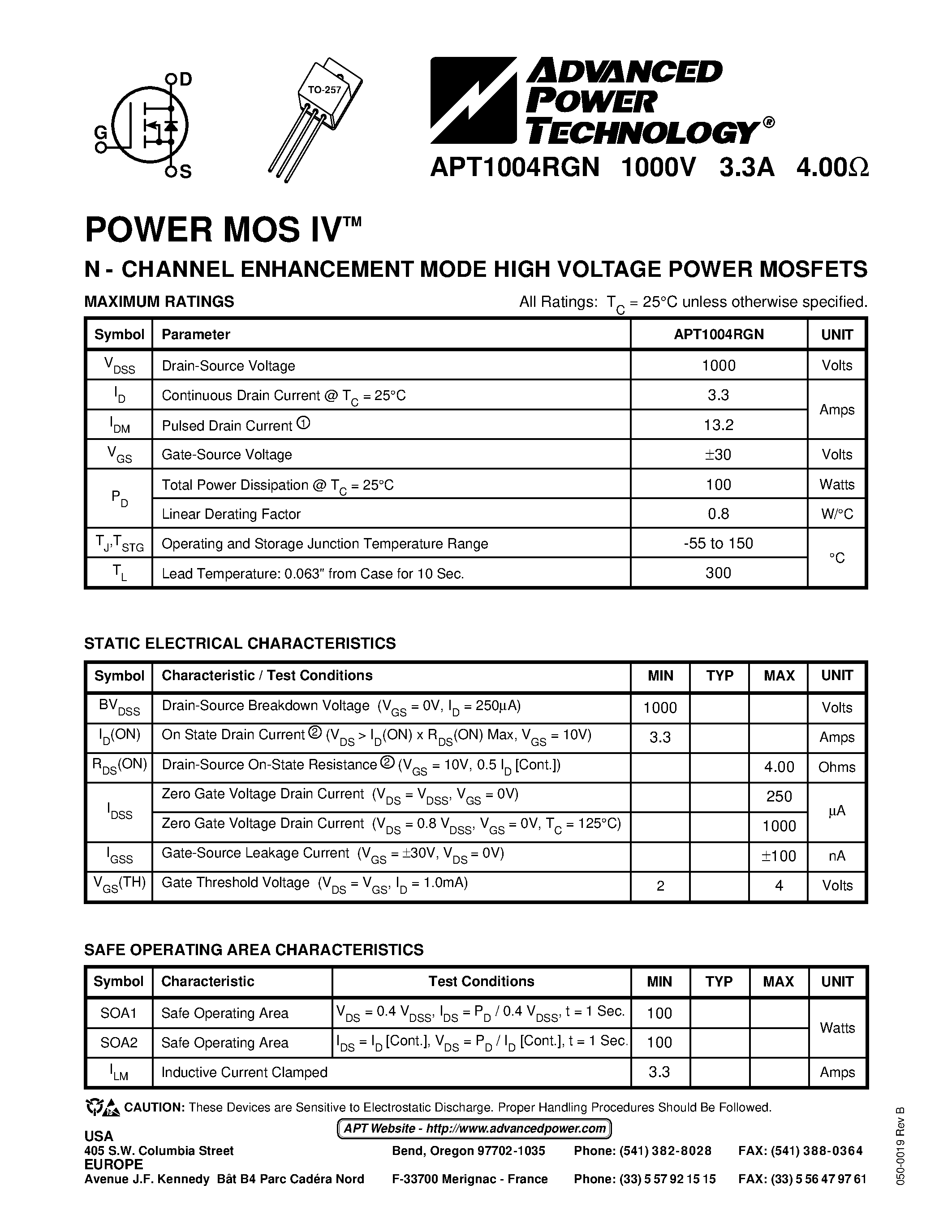 Datasheet APT1004RGN - N - CHANNEL ENHANCEMENT MODE HIGH VOLTAGE POWER MOSFETS page 1