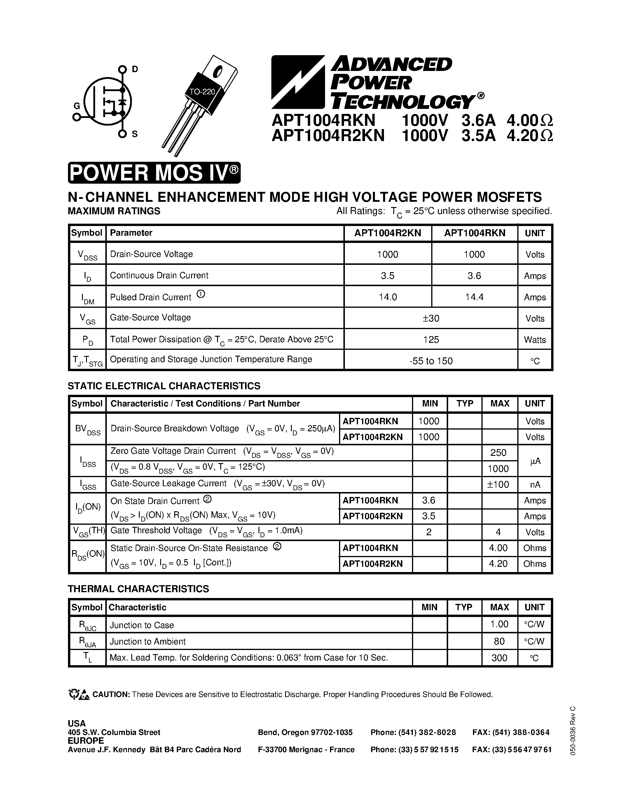 Datasheet APT1004RKN - N-CHANNEL ENHANCEMENT MODE HIGH VOLTAGE POWER MOSFETS page 1