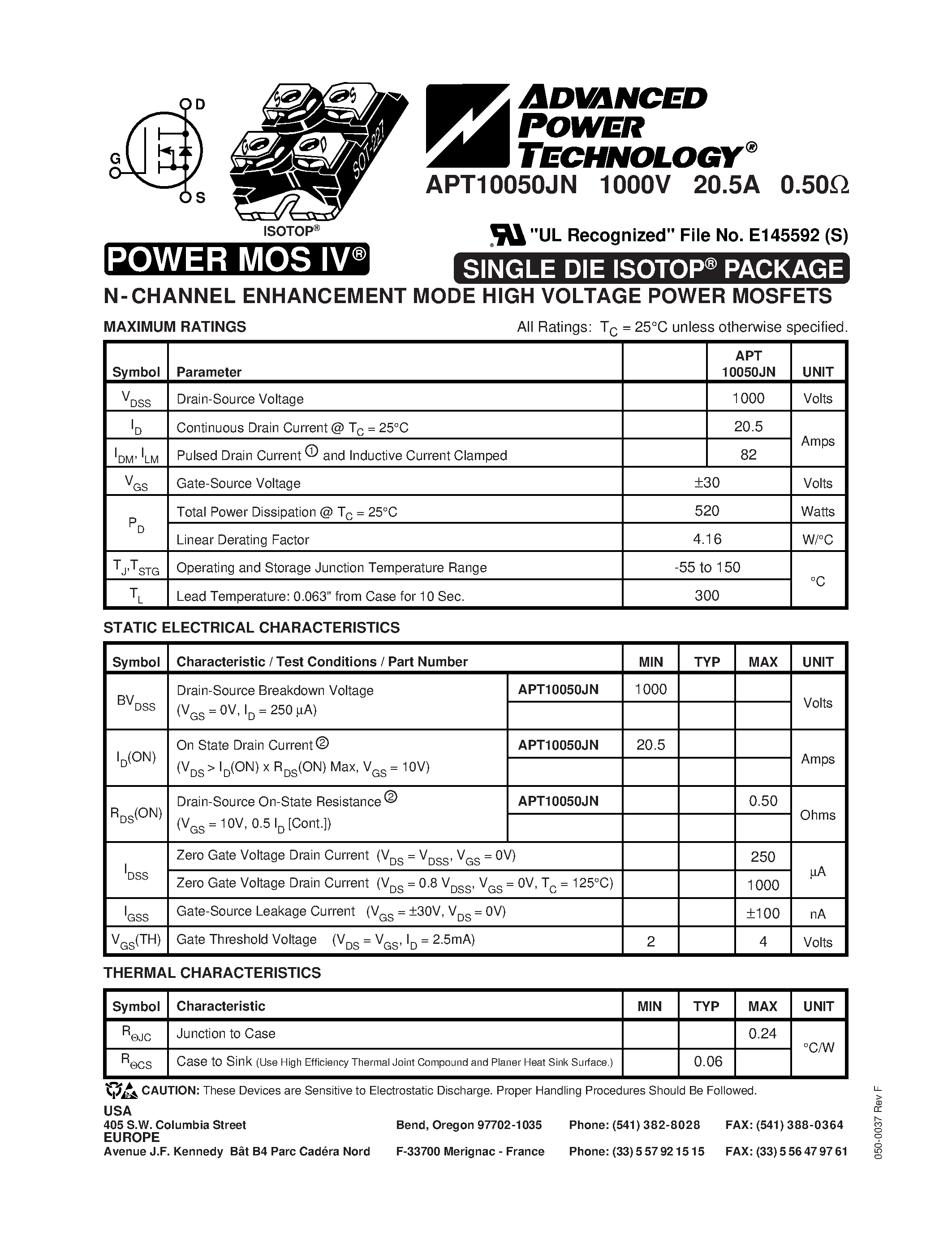 Datasheet APT10050JN - N-CHANNEL ENHANCEMENT MODE HIGH VOLTAGE POWER MOSFETS page 1