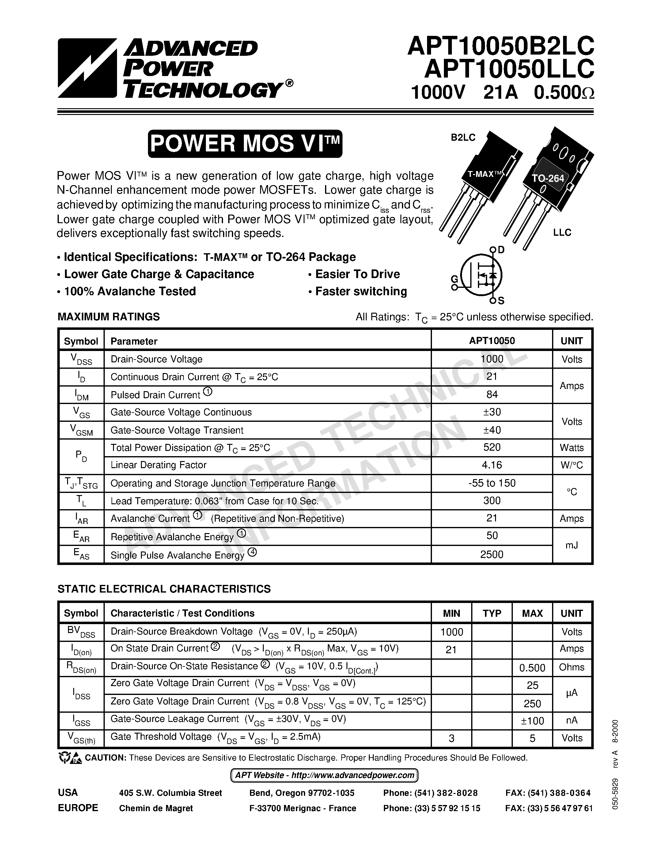 Datasheet APT10050LLC - Power MOS VITM is a new generation of low gate charge/ high voltage page 1