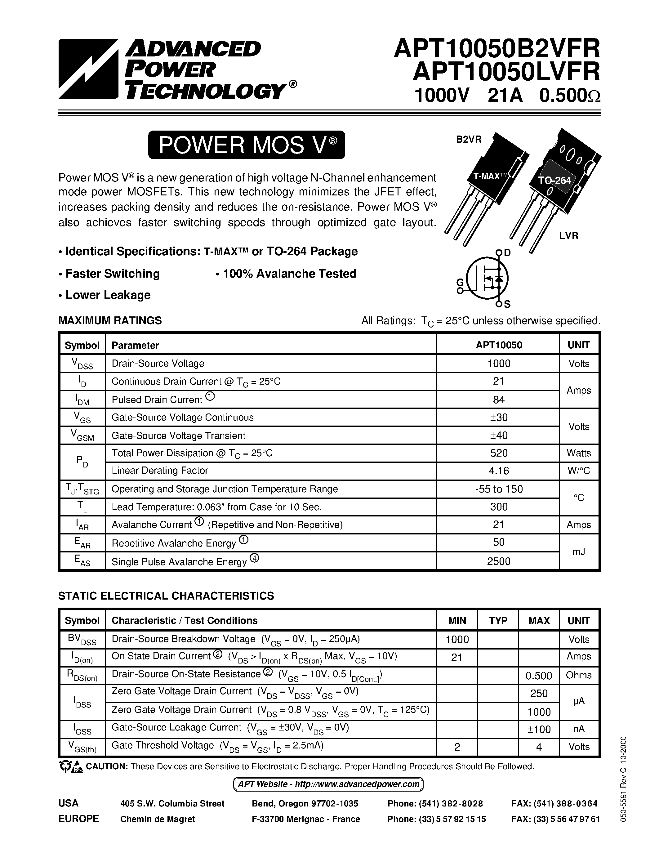 Datasheet APT10050LVFR - Power MOS V is a new generation of high voltage N-Channel enhancement mode power MOSFETs. page 1