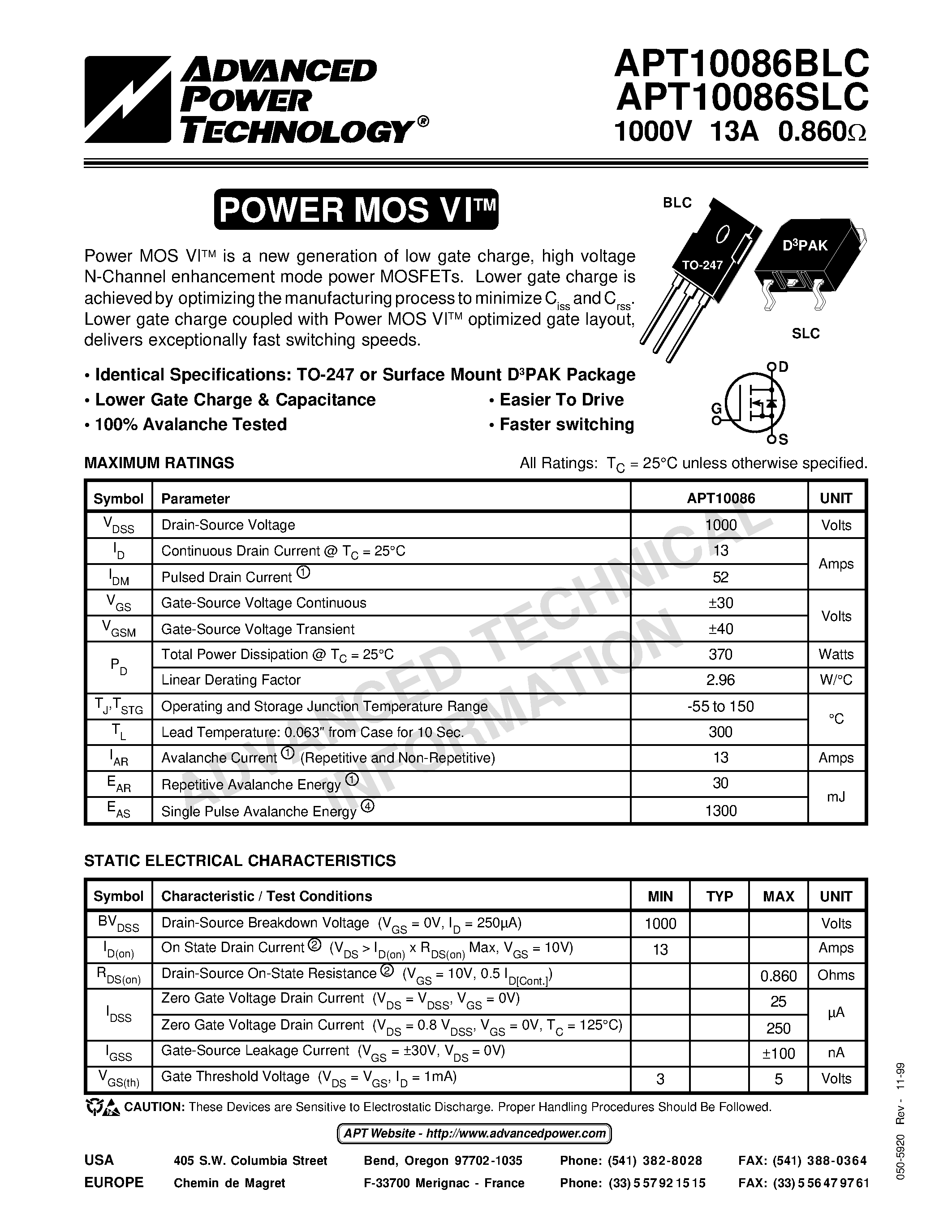 Datasheet APT10086BLC - Power MOS VITM is a new generation of low gate charge/ high voltage N-Channel enhancement mode power MOSFETs. page 1