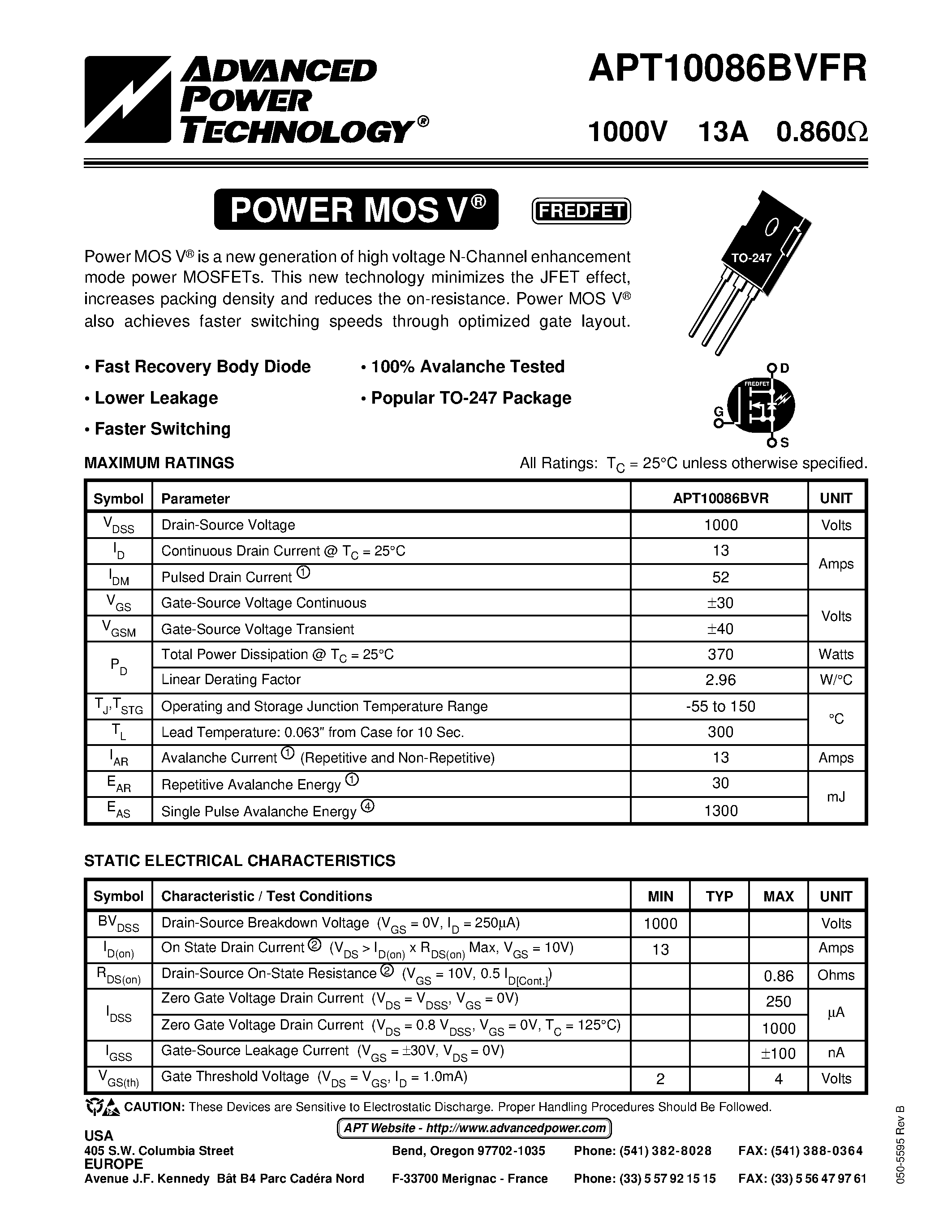 Datasheet APT10086BVFR - Power MOS V is a new generation of high voltage N-Channel enhancement mode power MOSFETs. page 1