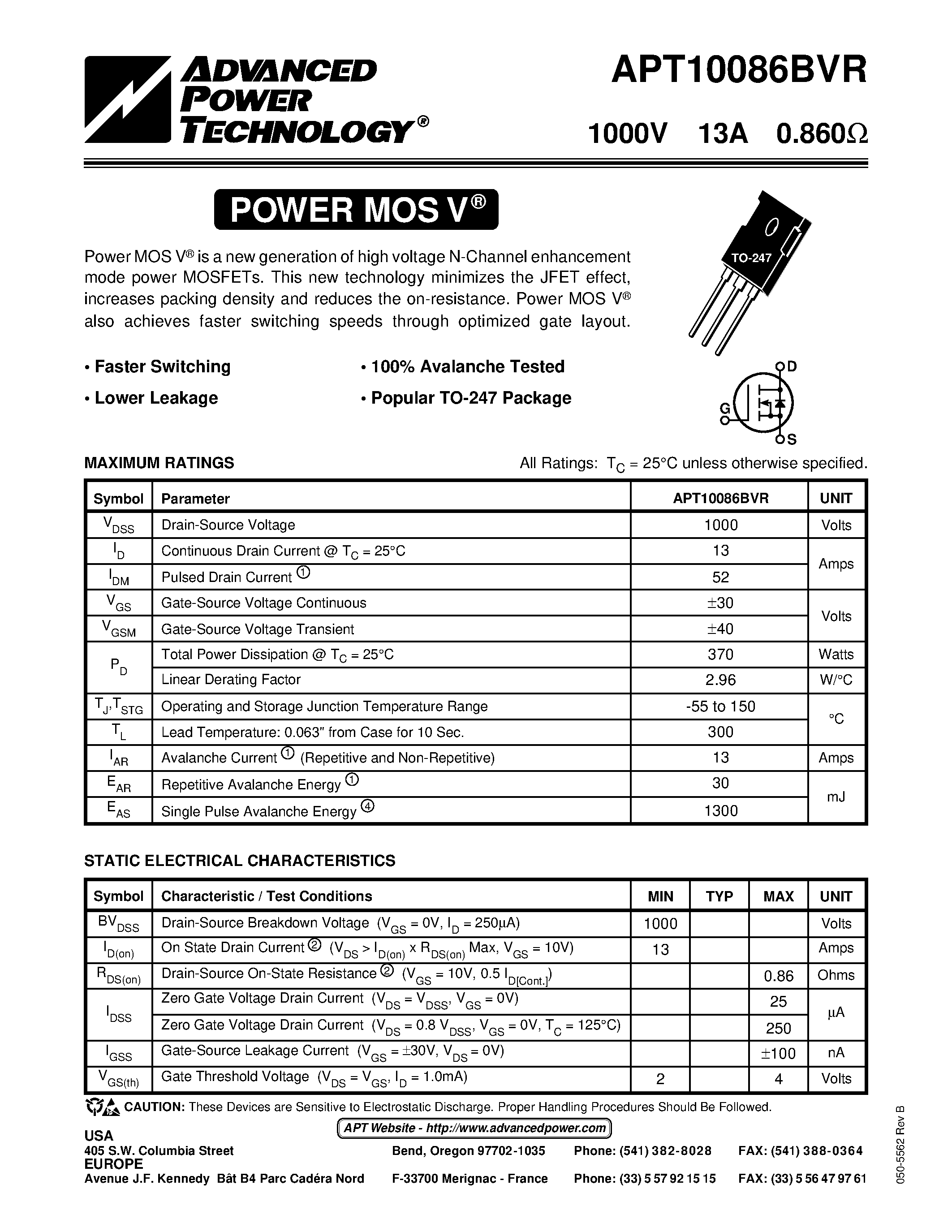 Datasheet APT10086BVR - Power MOS V is a new generation of high voltage N-Channel enhancement mode power MOSFETs. page 1
