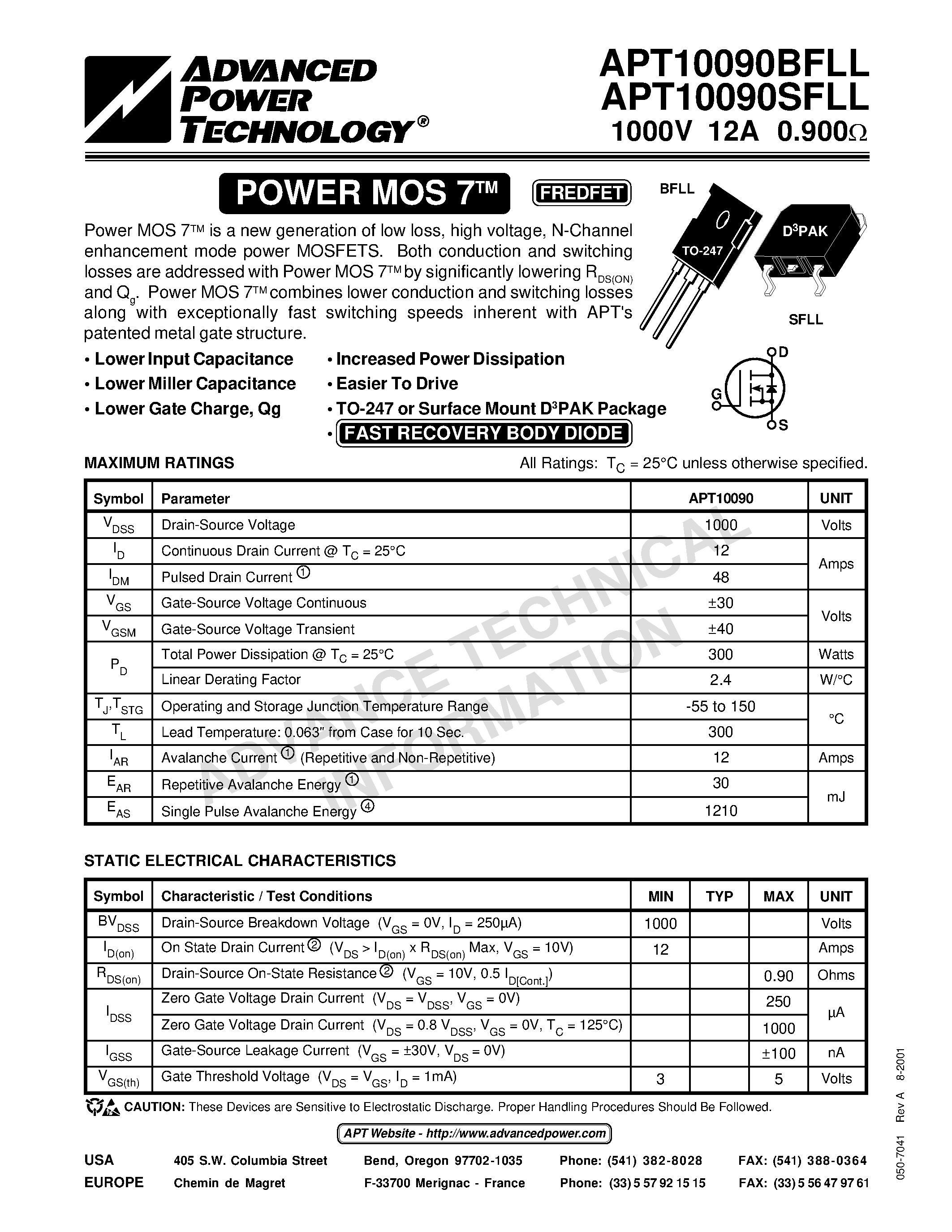 Datasheet APT10090SFLL - Power MOS 7TM is a new generation of low loss/ high voltage/ N-Channel enhancement mode power MOSFETS. page 1