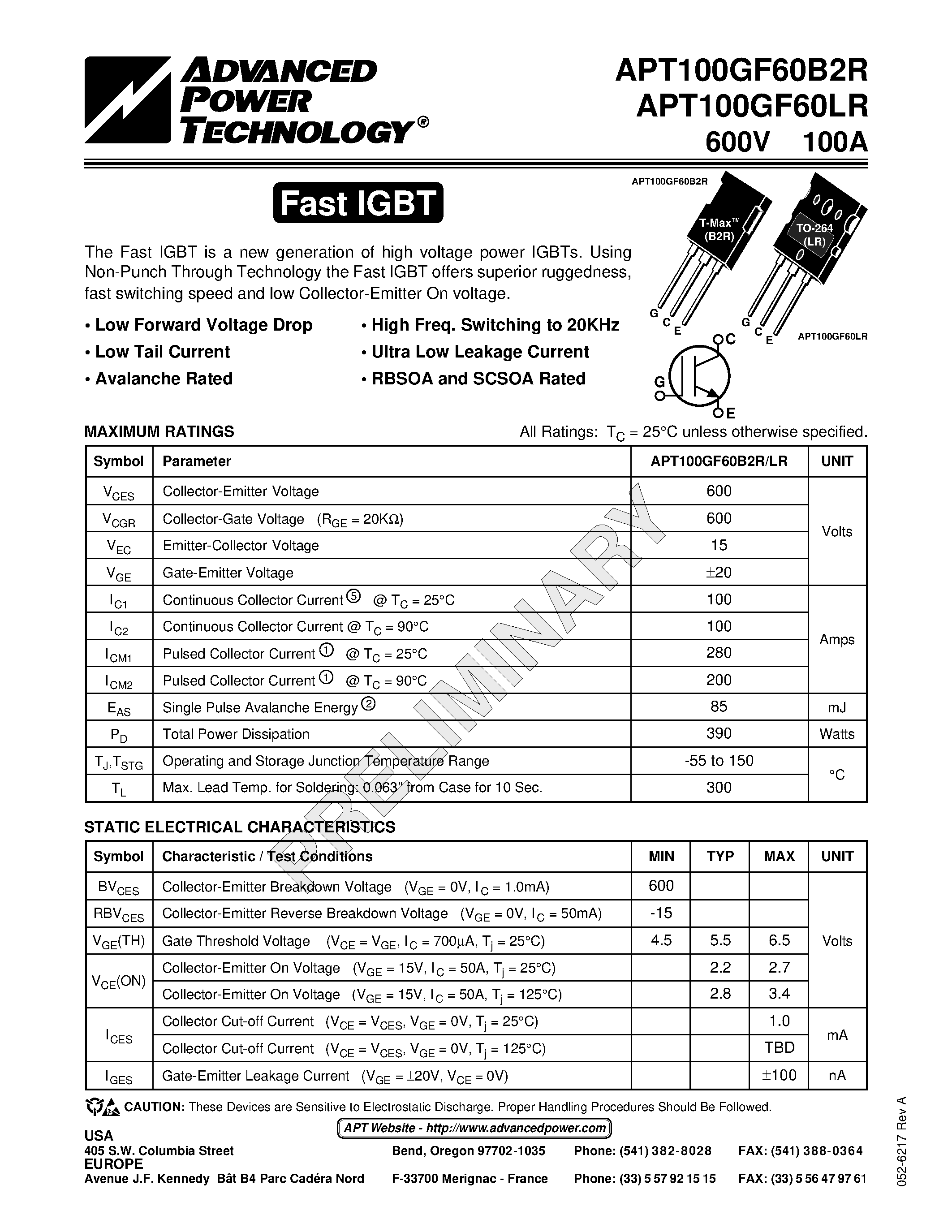Datasheet APT100GF60B2R - The Fast IGBT is a new generation of high voltage power IGBTs. page 1
