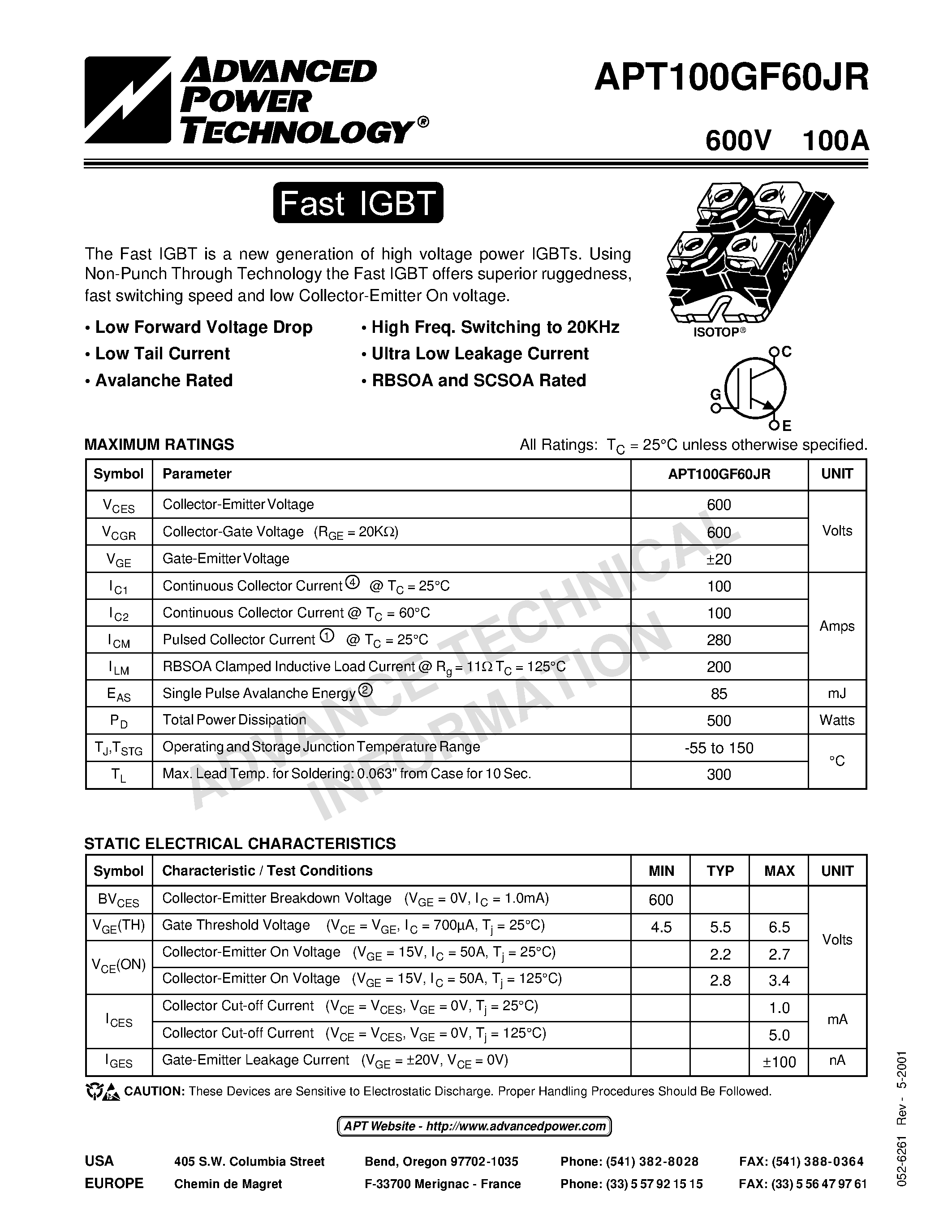 Datasheet APT100GF60JR - The Fast IGBT is a new generation of high voltage power IGBTs. page 1