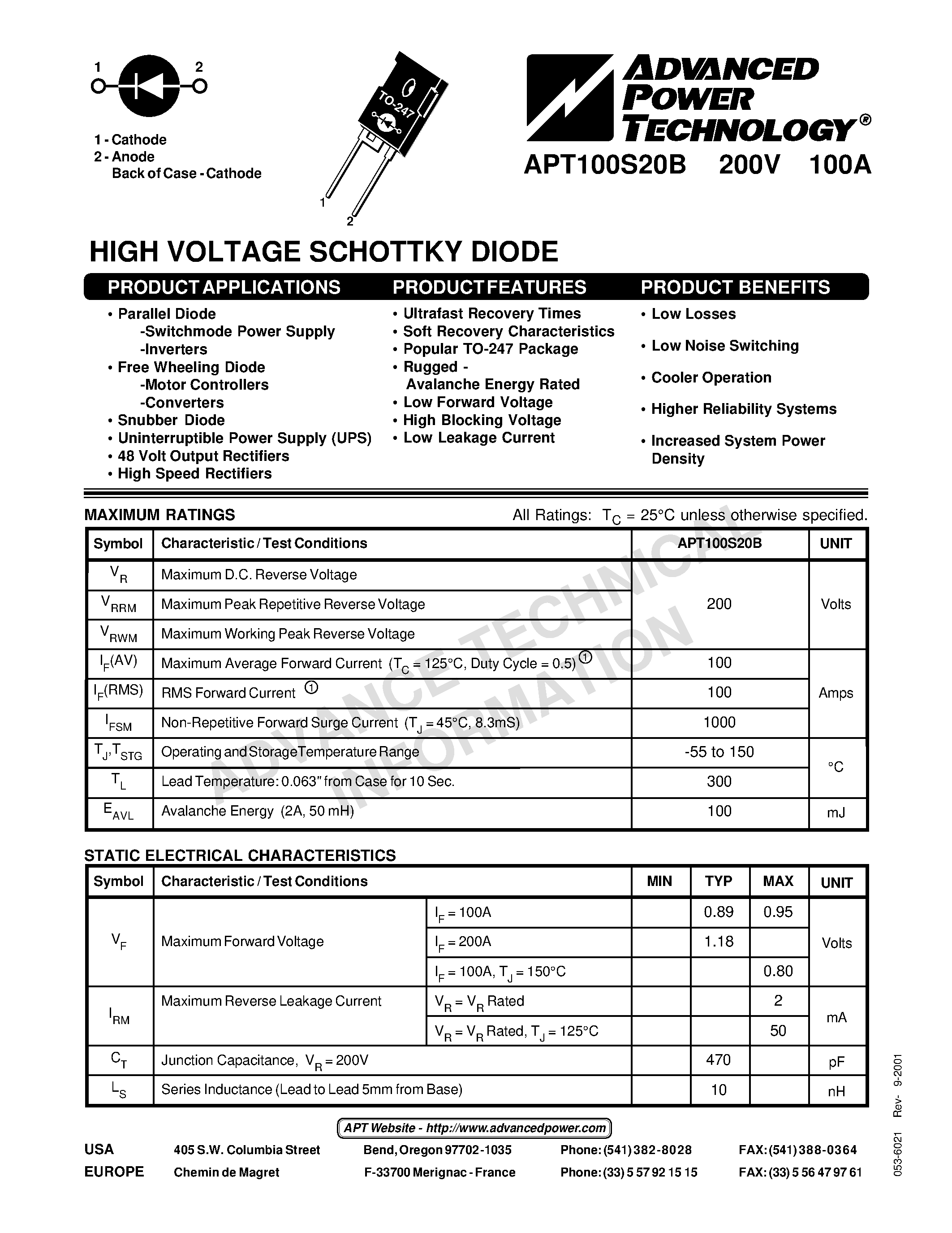 Datasheet APT100S20B page 1 Datasheet APT100S20B - HIGH VOLTAGE SCHOTTKY DIODE page 1
