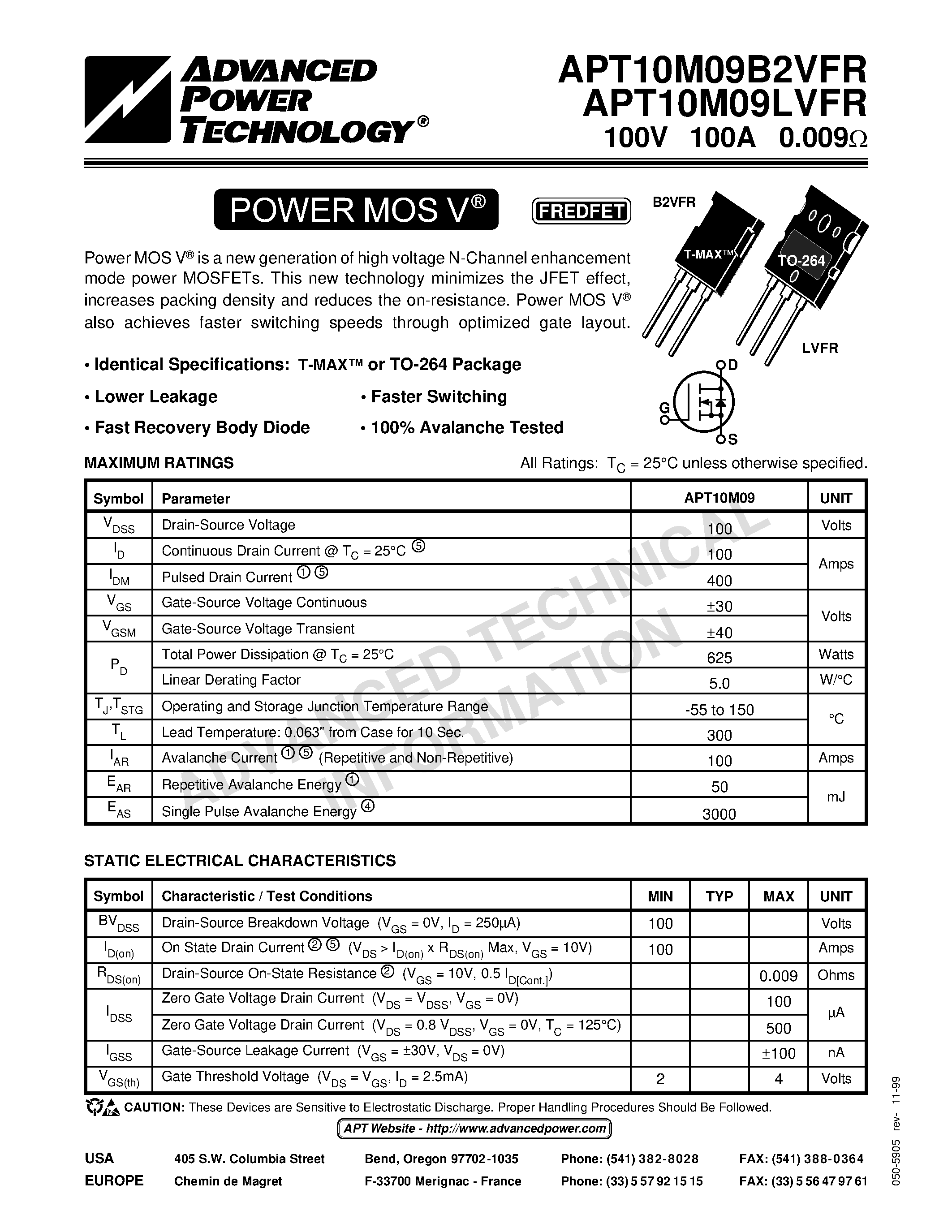 Datasheet APT10M09LVFR - Power MOS V is a new generation of high voltage N-Channel enhancement mode power MOSFETs. page 1