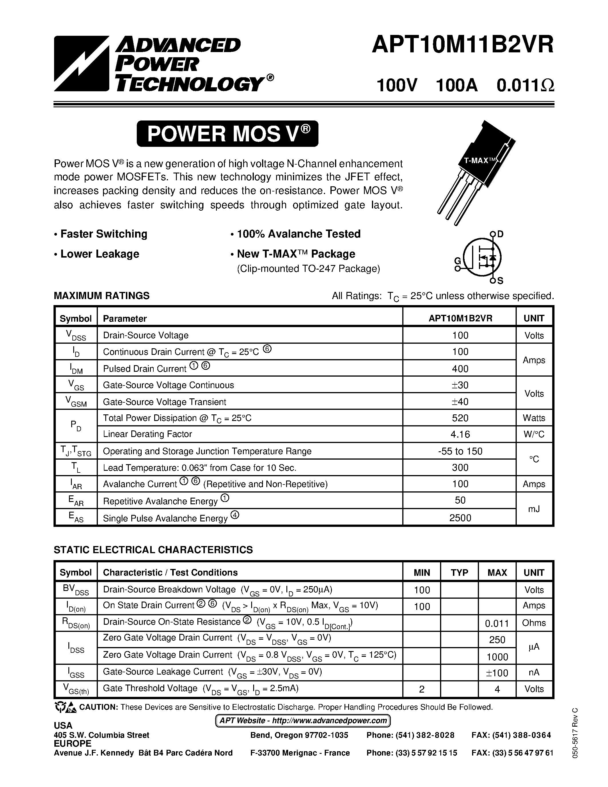 Datasheet APT10M11B2VR - Power MOS V is a new generation of high voltage N-Channel enhancement mode power MOSFETs. page 1