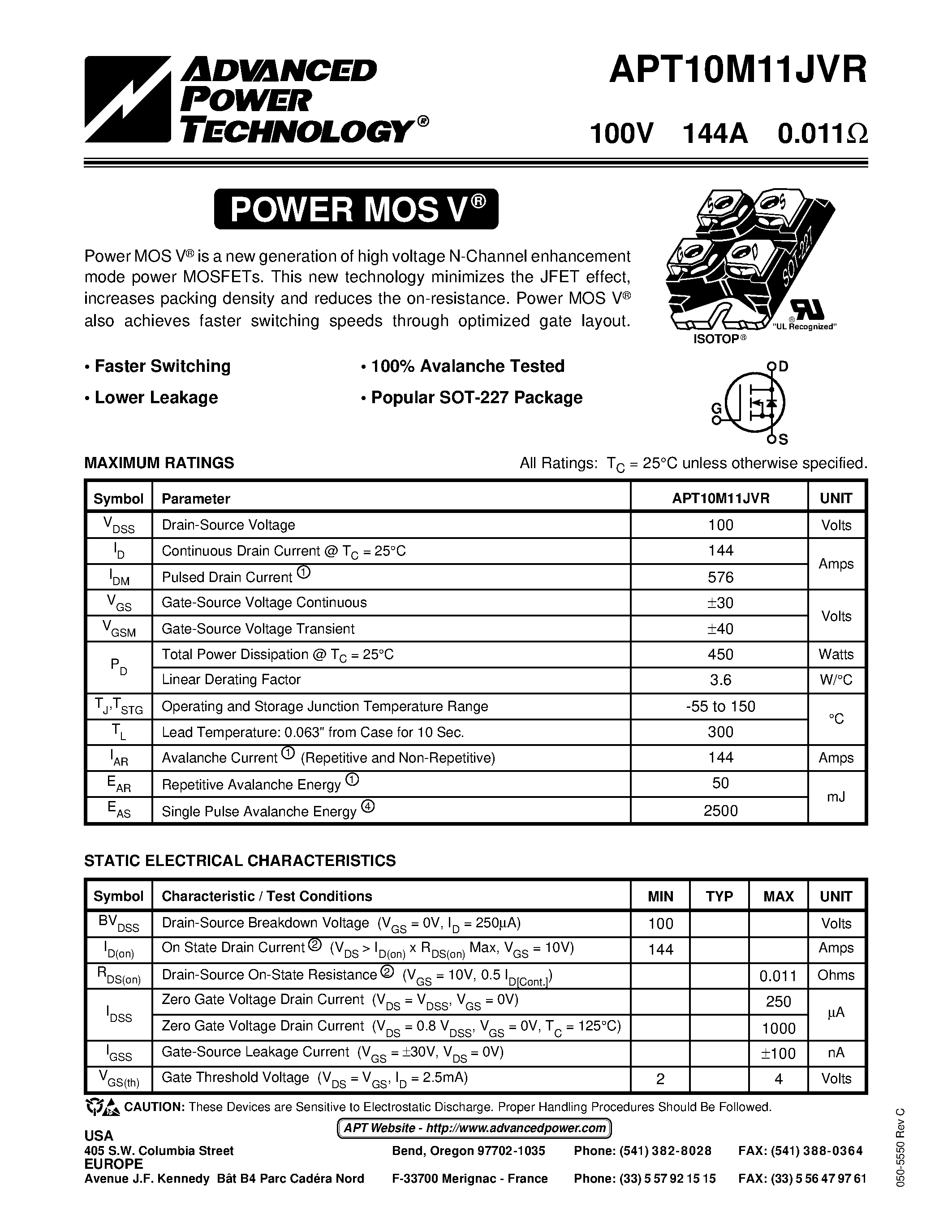 Datasheet APT10M11JVR - Power MOS V is a new generation of high voltage N-Channel enhancement mode power MOSFETs. page 1