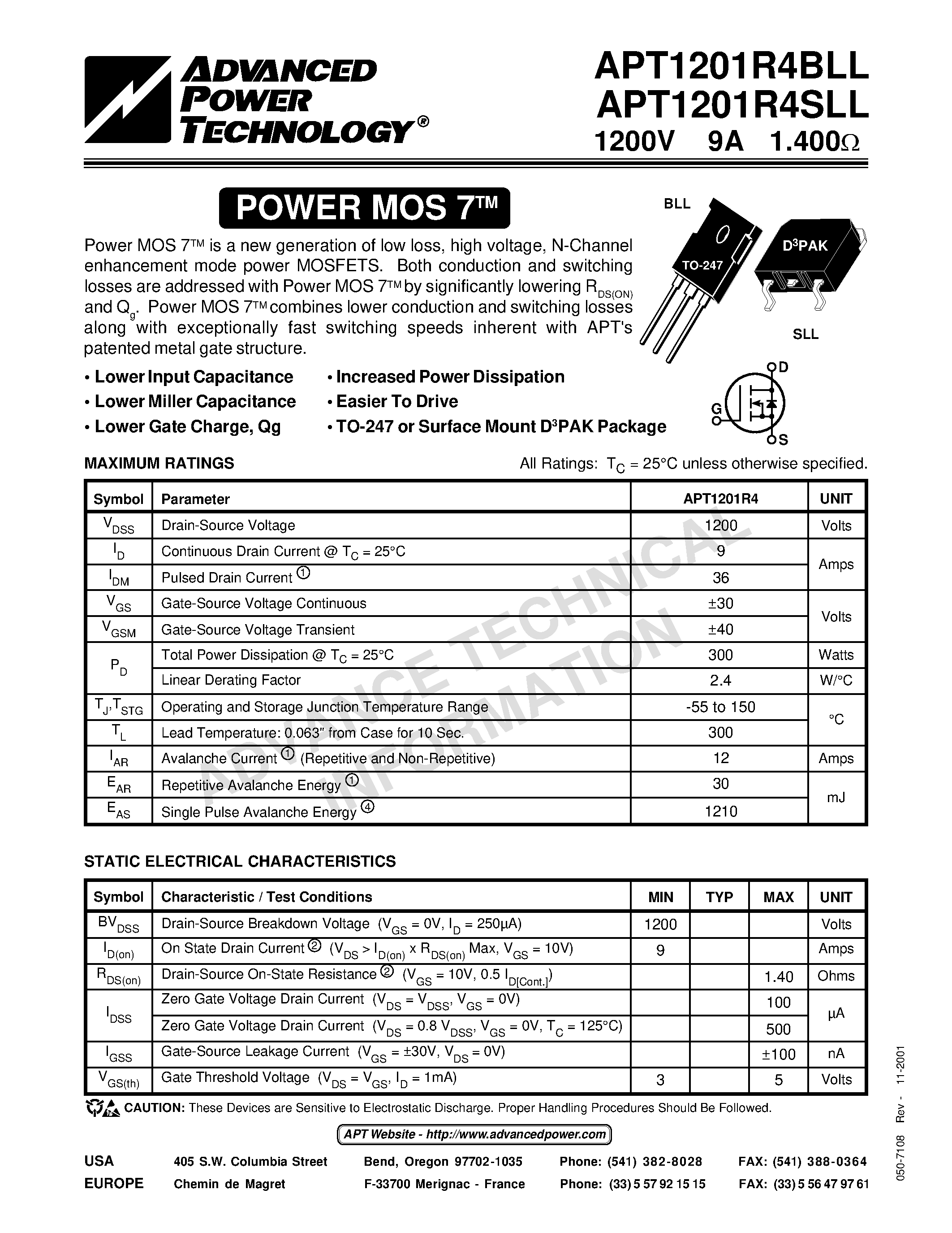 Datasheet APT1201R4BLL - Power MOS 7TM is a new generation of low loss/ high voltage/ N-Channel enhancement mode power MOSFETS. page 1
