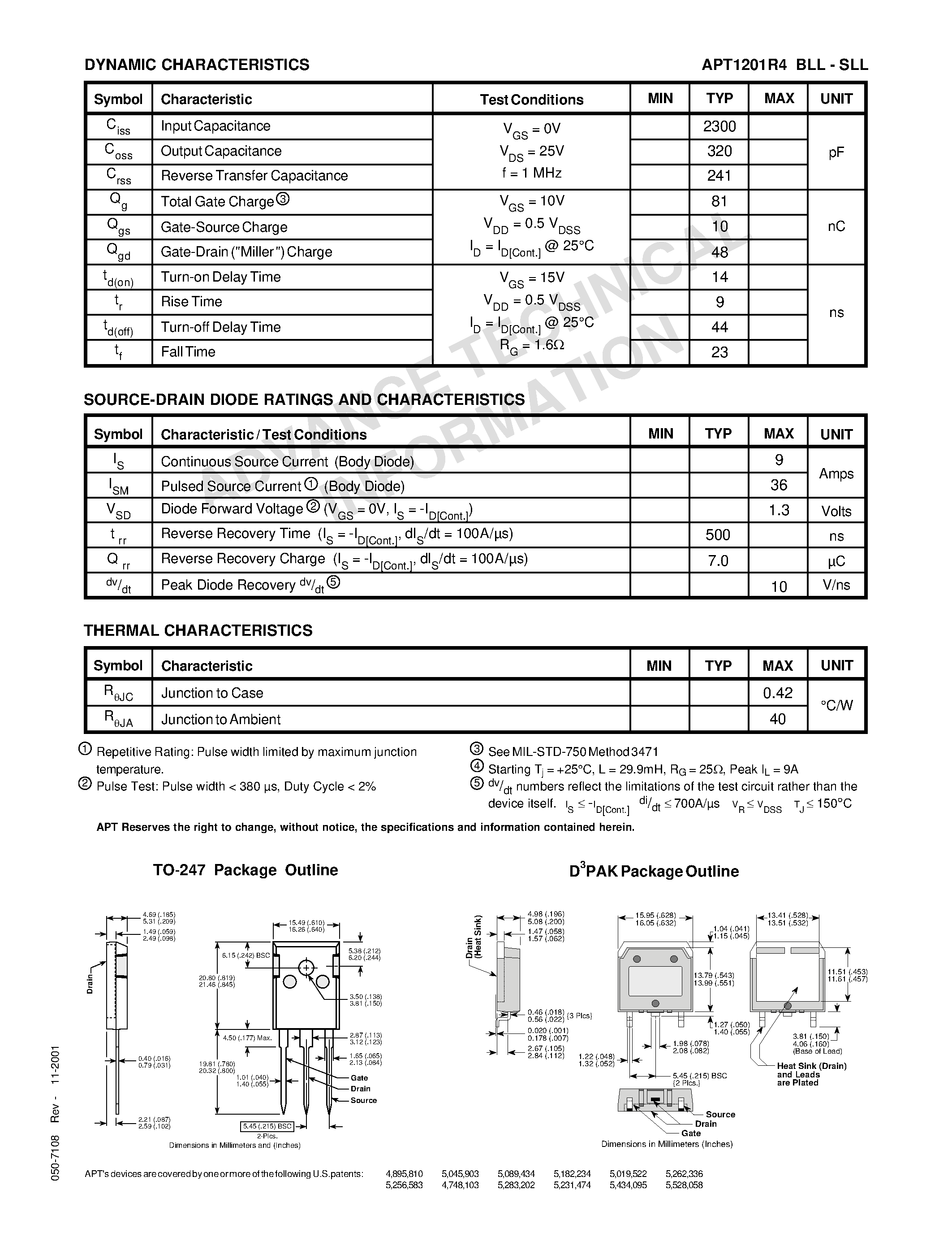Datasheet APT1201R4BLL - Power MOS 7TM is a new generation of low loss/ high voltage/ N-Channel enhancement mode power MOSFETS. page 2