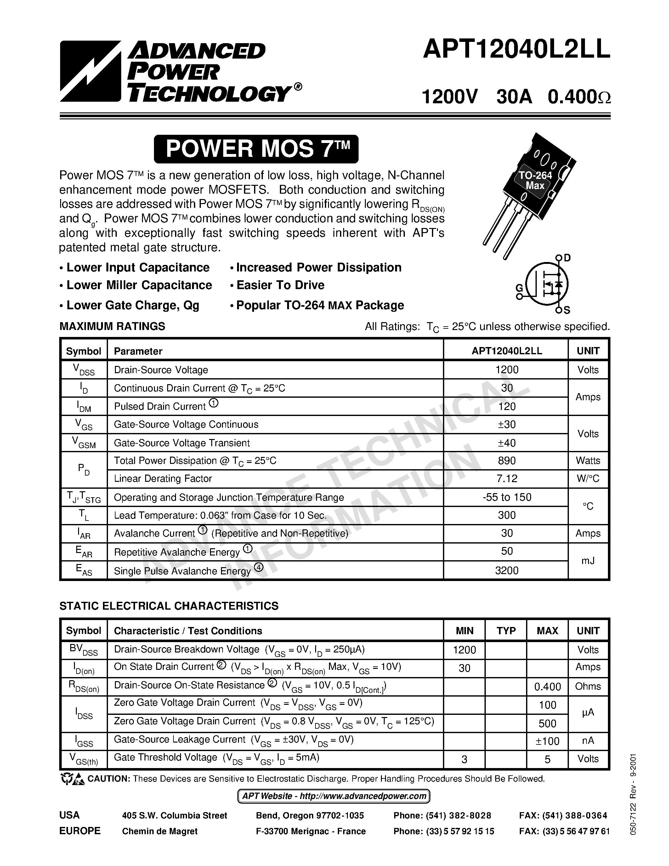 Datasheet APT12040L2LL - Power MOS 7TM is a new generation of low loss/ high voltage/ N-Channel enhancement mode power MOSFETS page 1