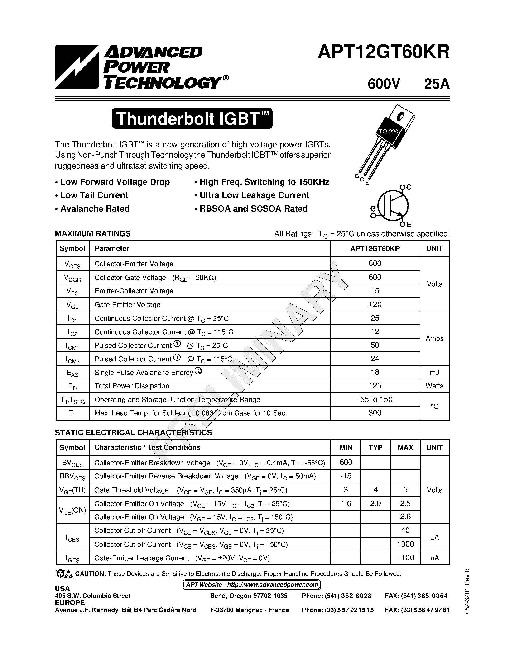 Datasheet APT12GT60KR - The Thunderbolt IGBT is a new generation of high voltage power IGBTs. page 1