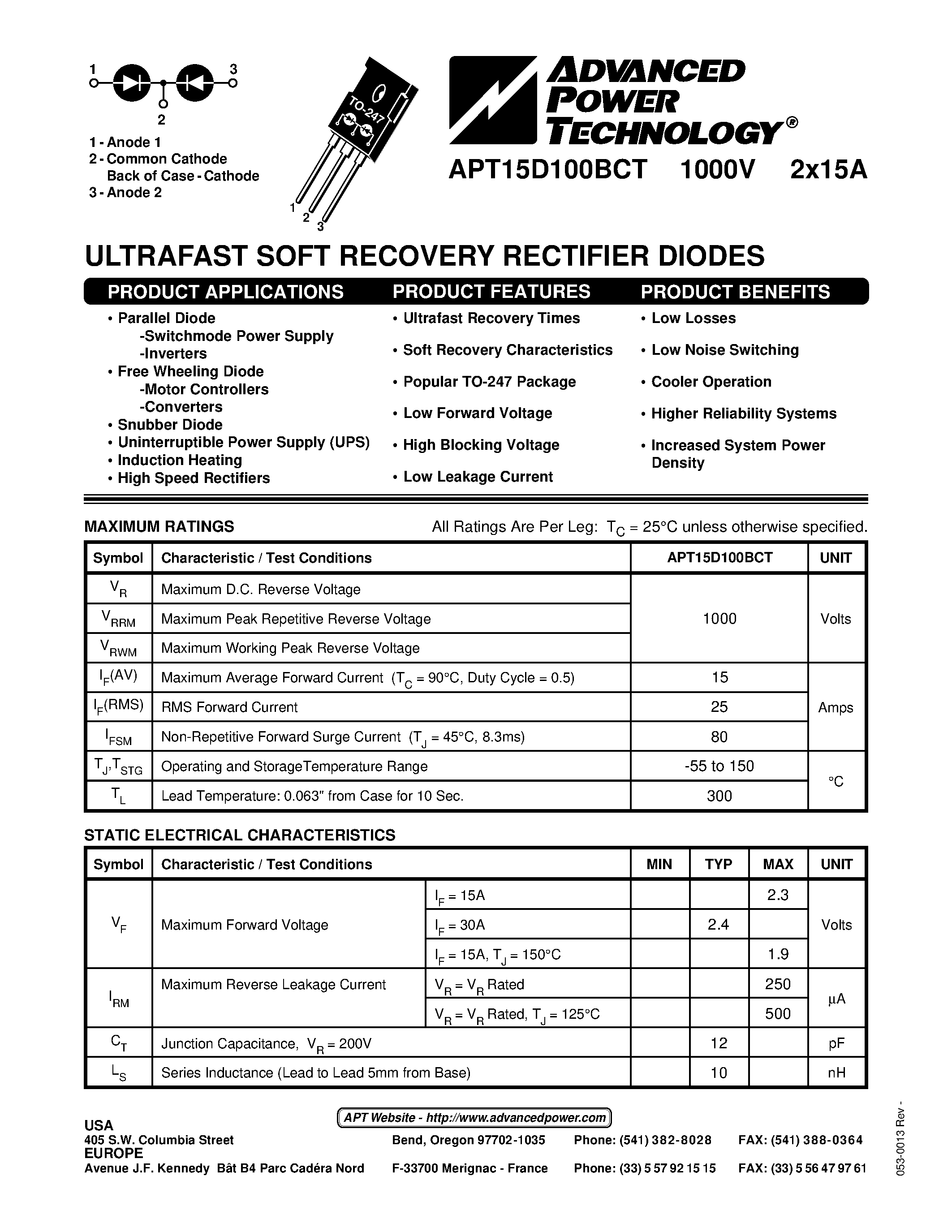 Datasheet APT15D100BCT page 1 Datasheet APT15D100BCT - ULTRAFAST SOFT RECOVERY RECTIFIER DIODES page 1