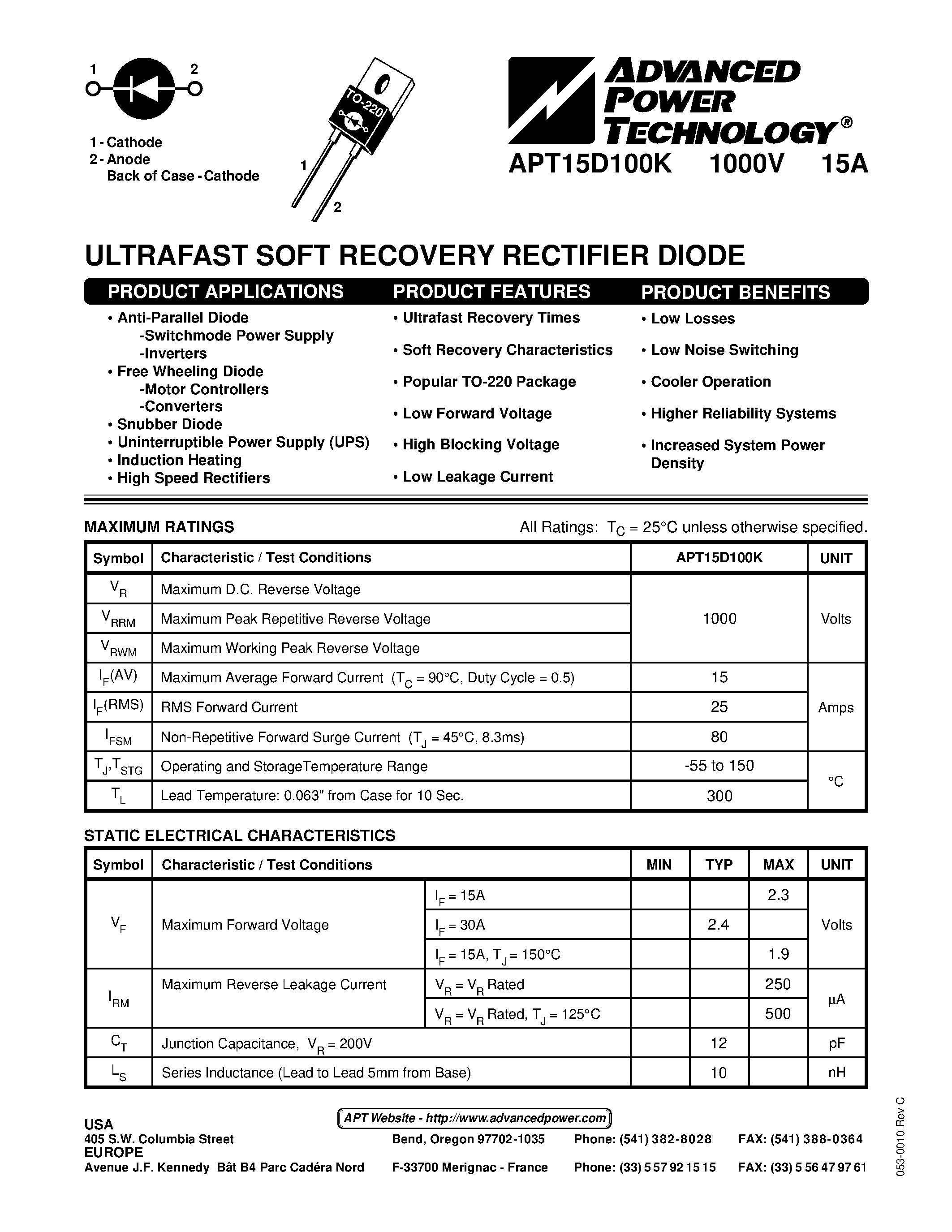 Datasheet APT15D100K page 1 Datasheet APT15D100K - ULTRAFAST SOFT RECOVERY RECTIFIER DIODE page 1